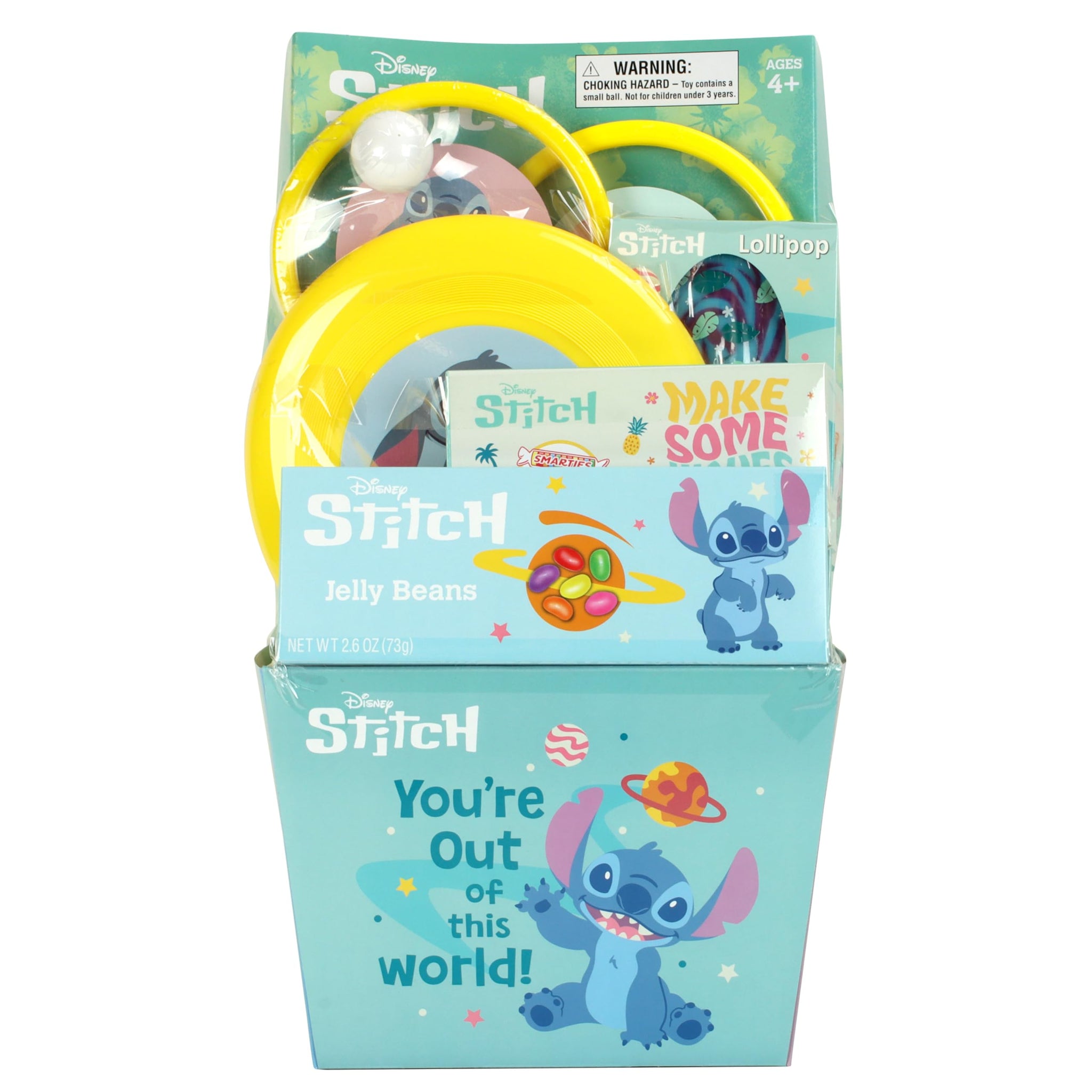 Frankford Disney's Stitch Pre-filled Easter Basket with Games and Activities, Jelly Beans, and Smarties Candy