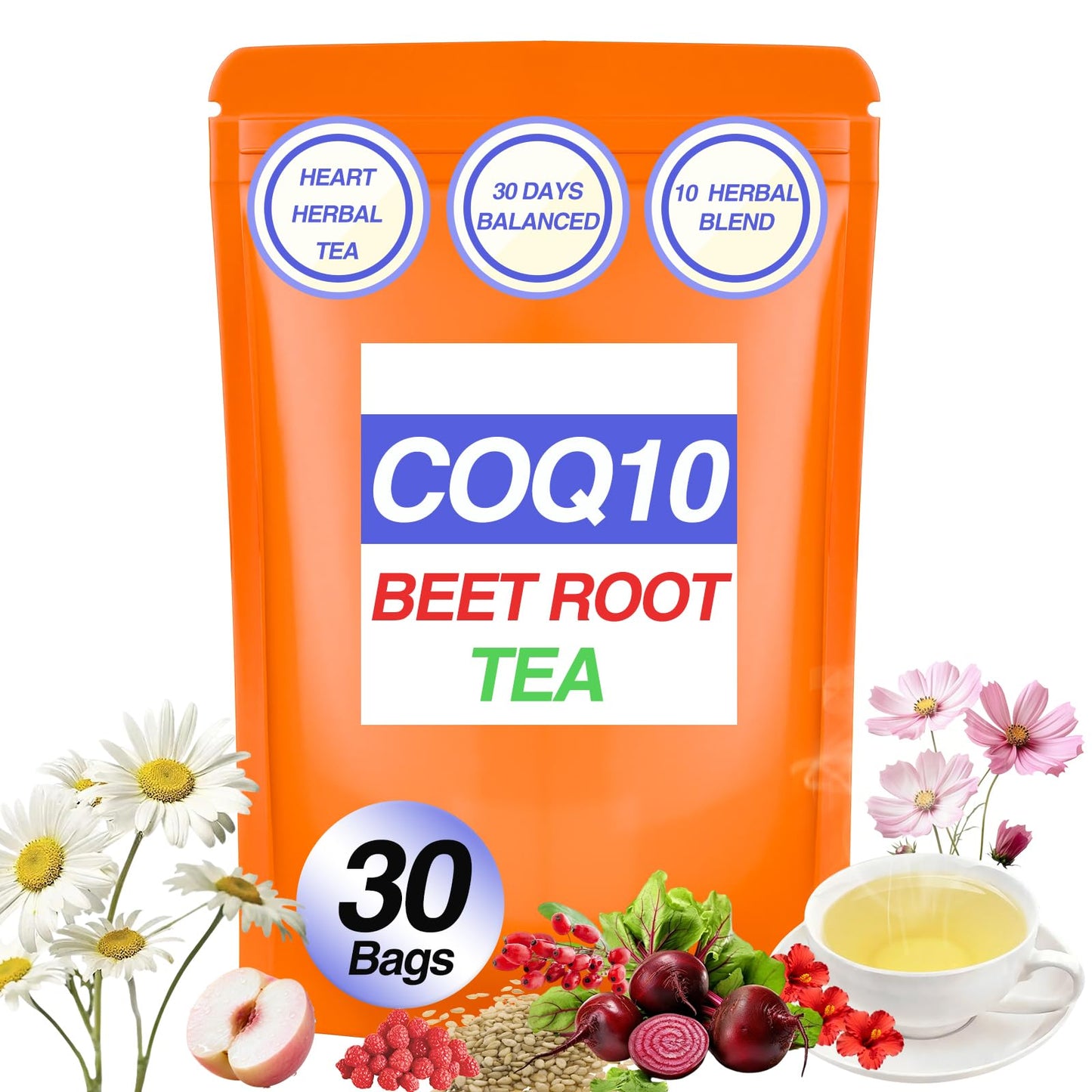 Q10 Blood Pressure Tea - Heart Functional Tea with Hibiscus, Chamomile, Beet Root, Hawthorn Berry - Non-GMO, Caffeine-Free, Sugar Free, Peach Flavor