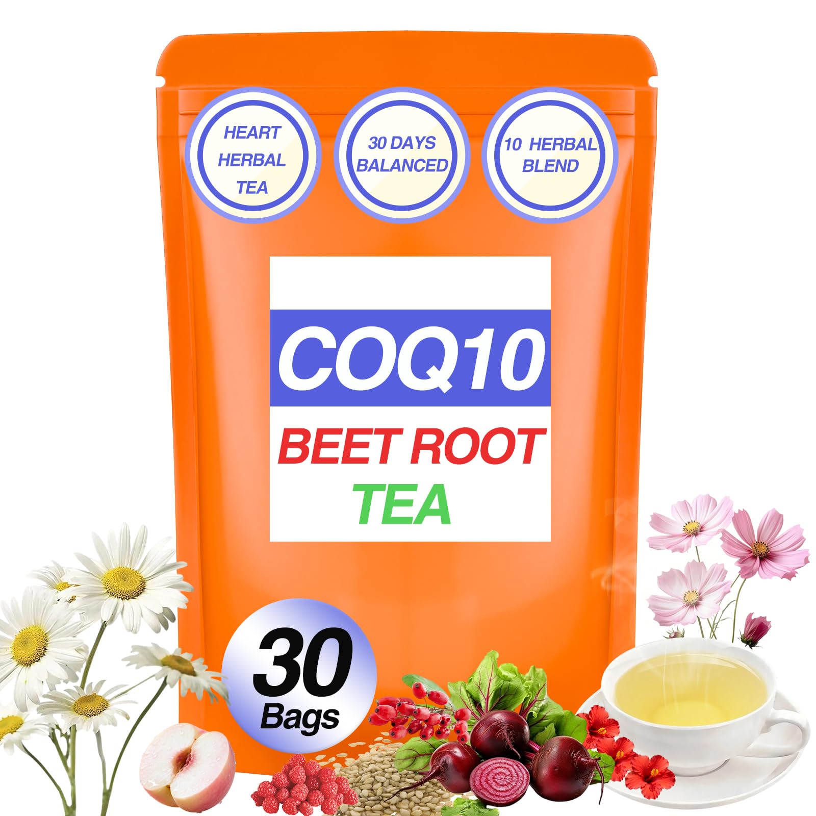 Q10 Blood Pressure Tea - Heart Functional Tea with Hibiscus, Chamomile, Beet Root, Hawthorn Berry - Non-GMO, Caffeine-Free, Sugar Free, Peach Flavor