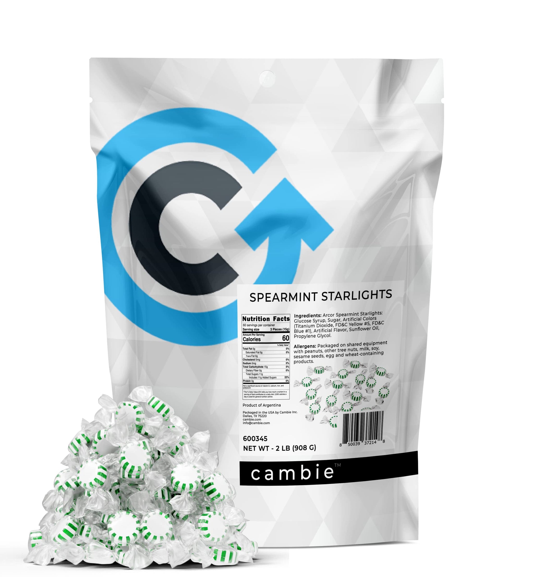 Arcor Spearmint Starlights Candy by Cambie | 2 lbs of Spearmint Starlight Mints | Individually Pinwheel Mint Hard Candy | Deliciously Sweet Mint Candy