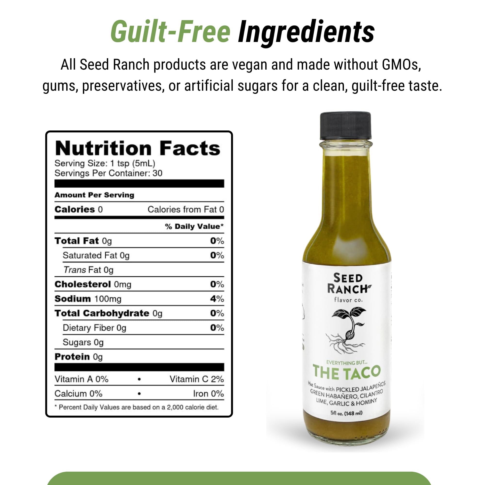 Seed Ranch Gourmet Everything But the Taco Hot Sauce, Medium Heat Taco Sauce - Vegan, Non-GMO Taco Seasoning, No Preservatives or Artificial Sugar