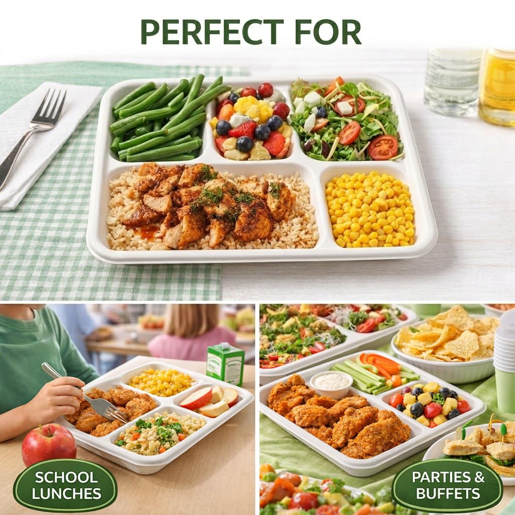 5-Compartment Compostable Plates for Easy Cleanup - Compartment Tray for Portion Control & Mess-Free Meals - 10.25×8.5 In Disposable Bagasse Paper