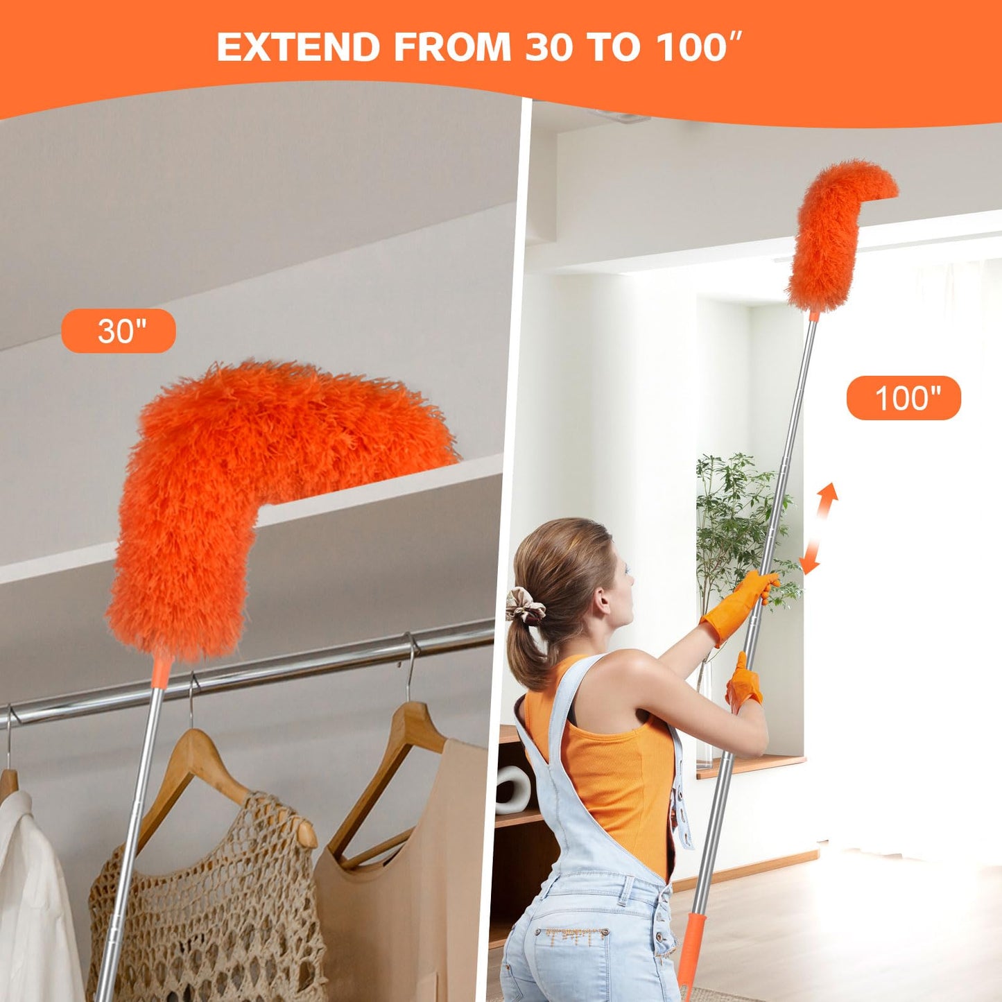 Microfiber Feather Duster Extendable Duster with 30'' to 100'' Telescoping Extension Pole, Bendable Head & Long Handle Dusters for Cleaning Ceiling