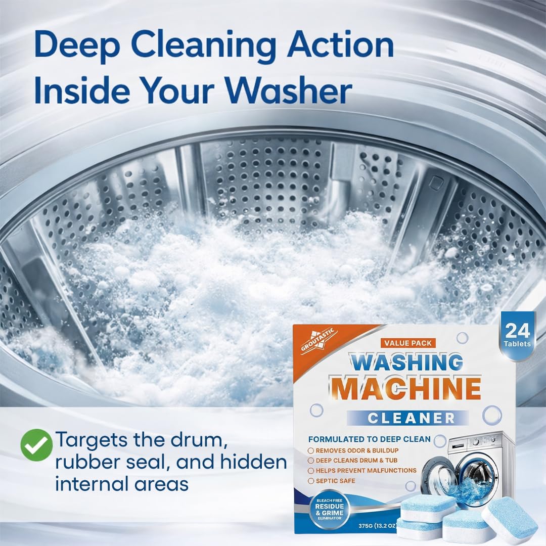 Groutastic Washing Machine Cleaner Tablets 24 Count Deep Cleaning Descaler for Washer Removes Odor Residue and Buildup Works with Front Load and Top