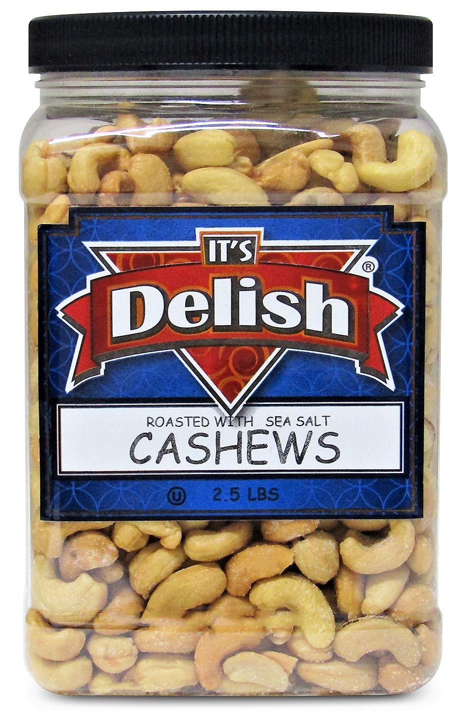 Roasted & Salted Cashews by It’s Delish - 2.5 lbs Jumbo Container - Roasted with Sea Salt - Kosher Long-lasting Jar - Energetic, Healthy Snack