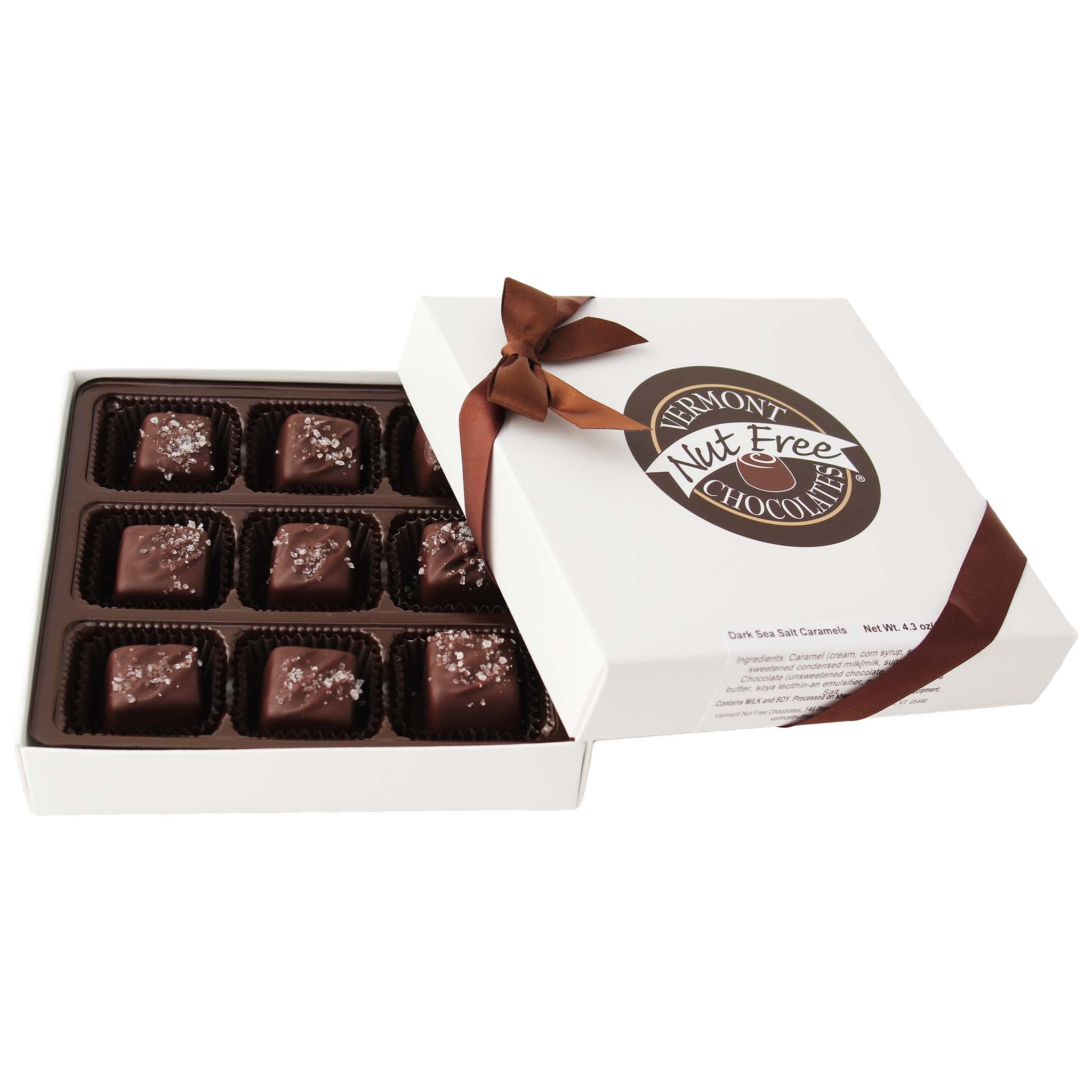 Vermont Nut Free Chocolates Dark Chocolate Sea Salt Caramels (9-Piece), Nut-Free, Kosher
