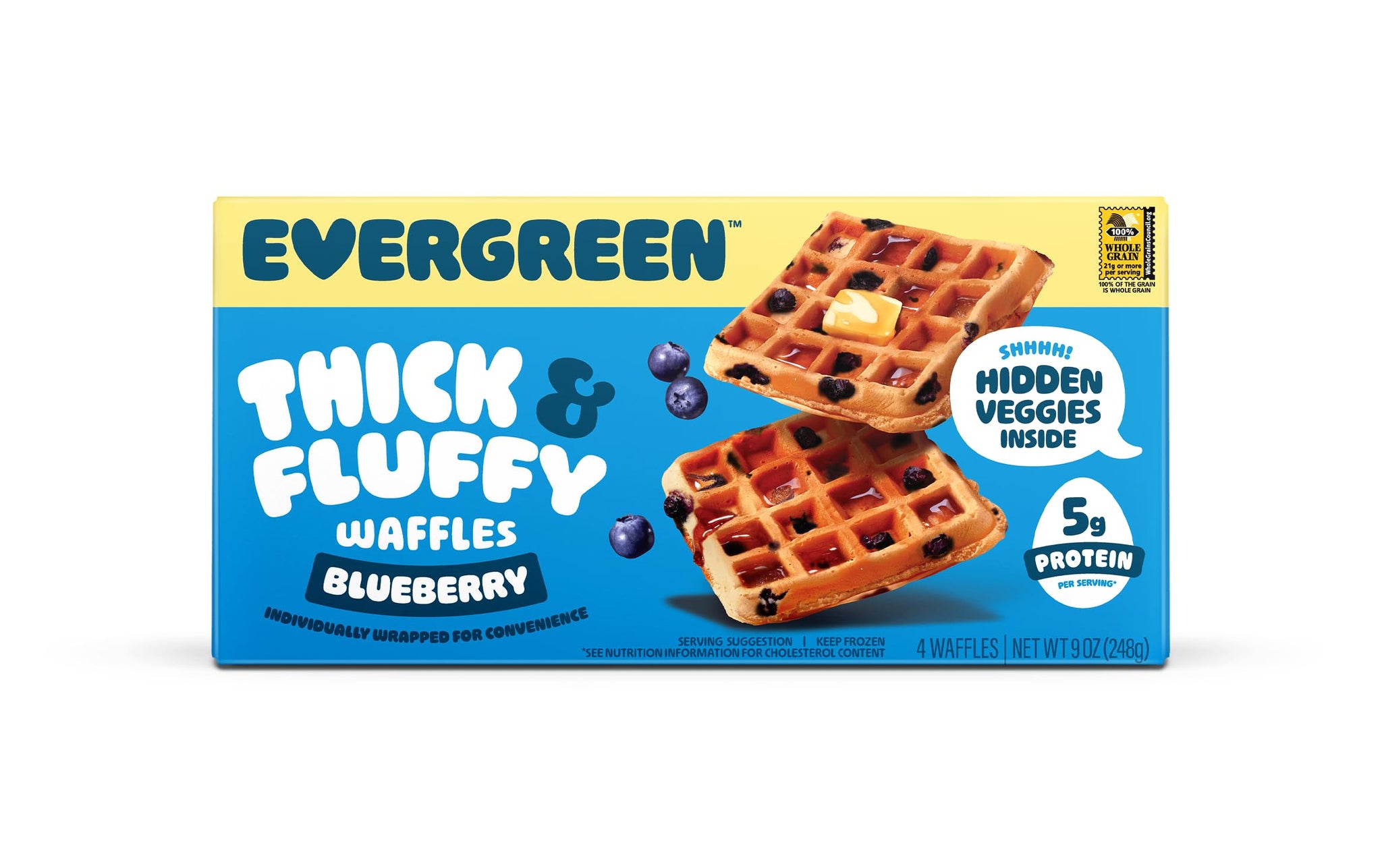 Evergreen Thick & Fluffy Waffles, Blueberry - Whole Grains, No Preservatives, Nut-Free, Individually Wrapped, Air Fryer Ready, Frozen Breakfast, 9 oz
