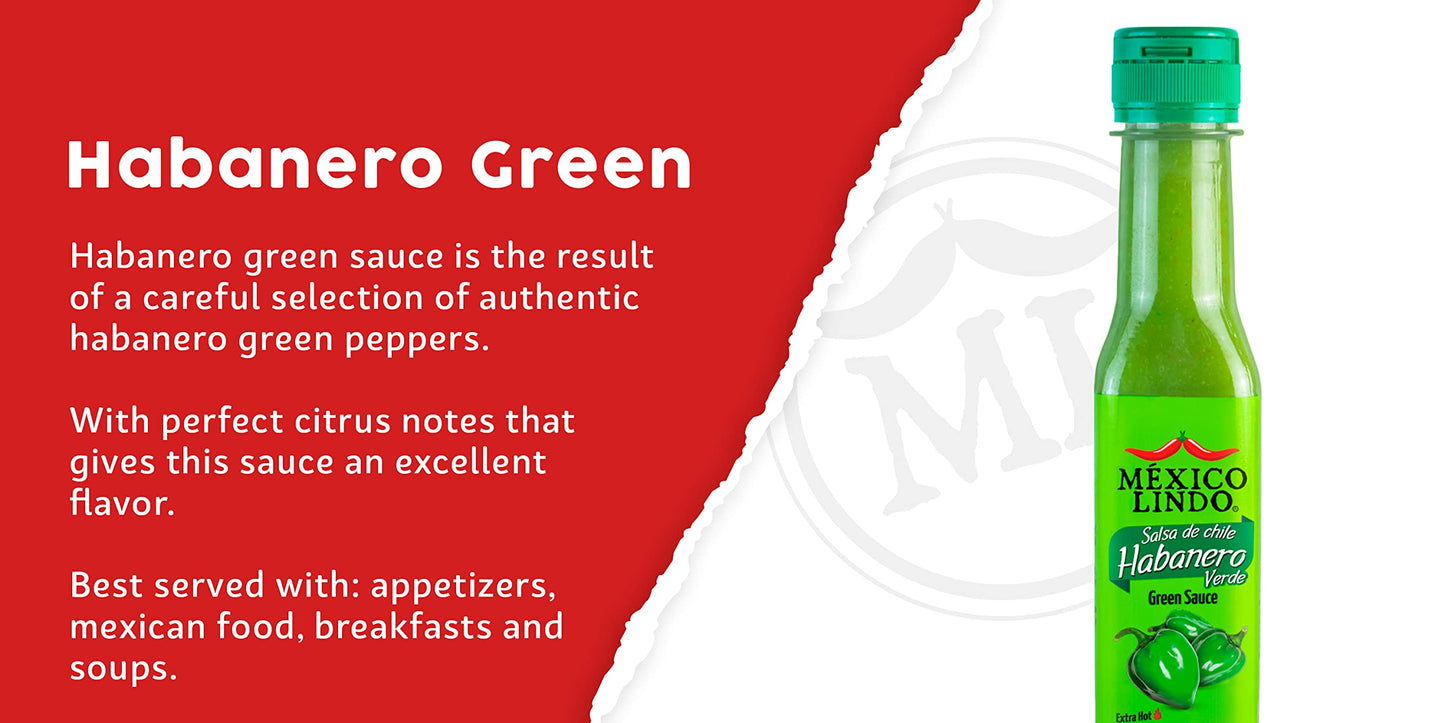Mexico Lindo Green Habanero Hot Sauce | Real Green Habanero Chili Pepper | 75,900 Scoville Level | Enjoy with Mexican Food, Seafood & Pasta | 5 Fl Oz