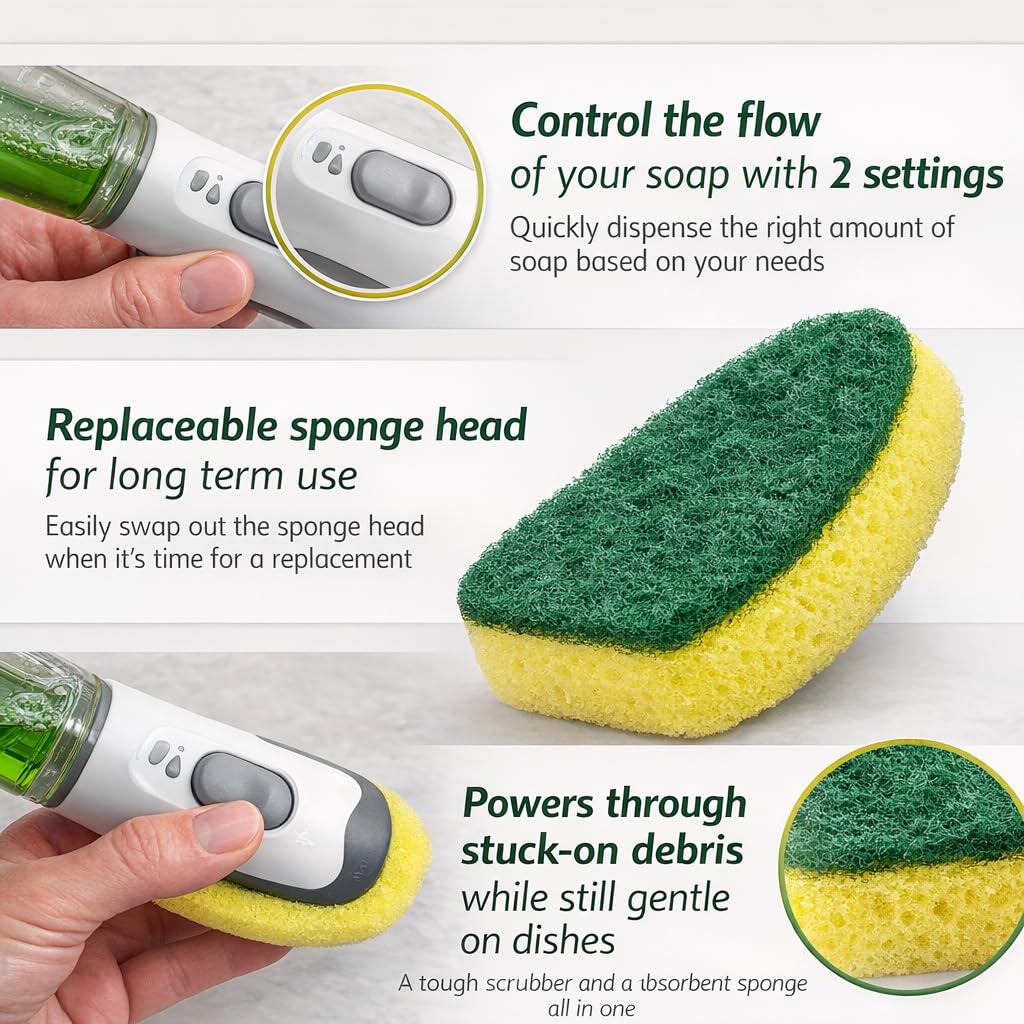 LIBMAN Dishmatic® Dish Wand - Soap Dispensing Dish Brush with Soap Dispenser - Cleaning Scrub Brush with Handle - Refillable Dish Scrubber for Washing