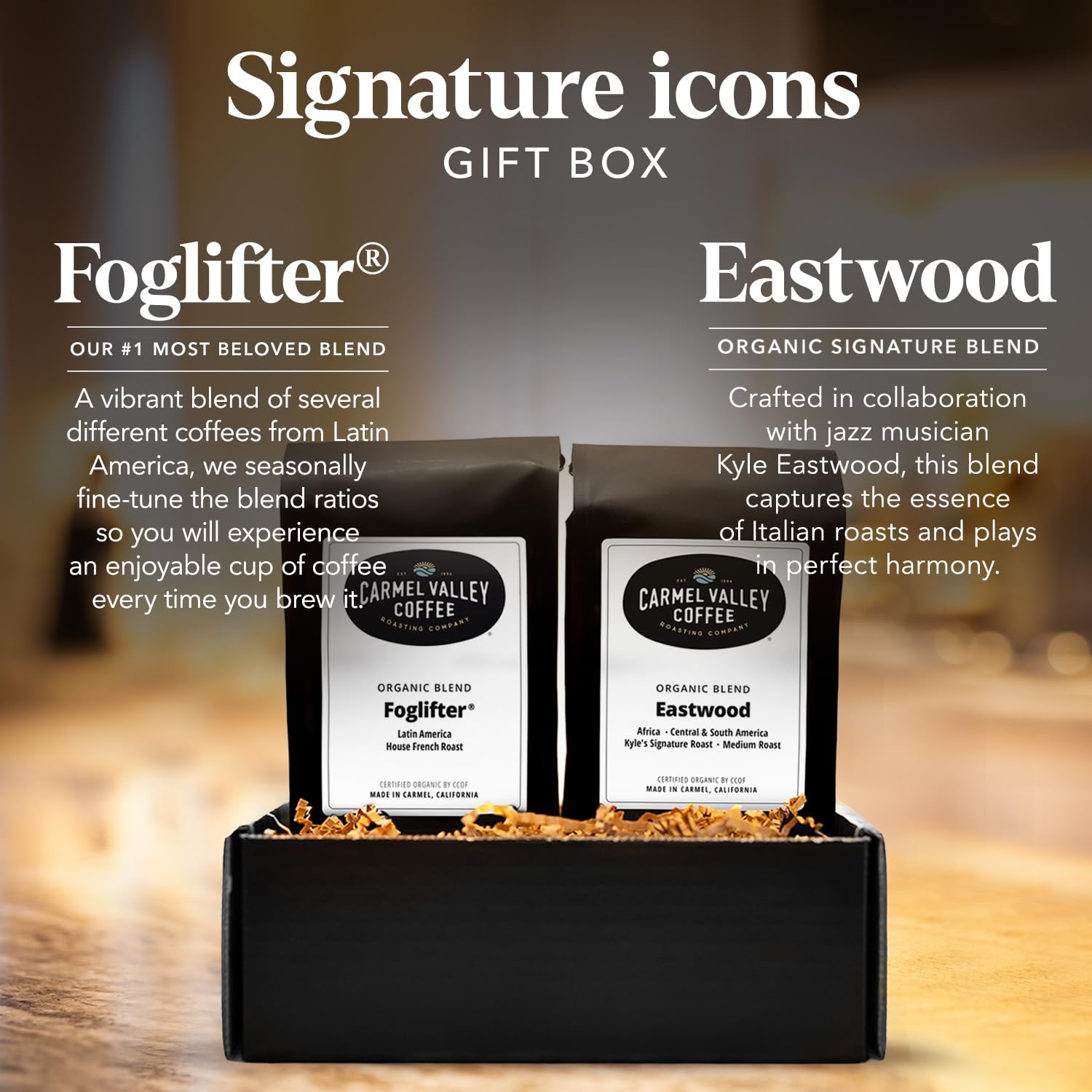 Carmel Valley Coffee Roasting Signature Icons Gift Box, Organic Whole Bean Coffee Gift Set Featuring Foglifter® French Dark Roast & Eastwood Medium