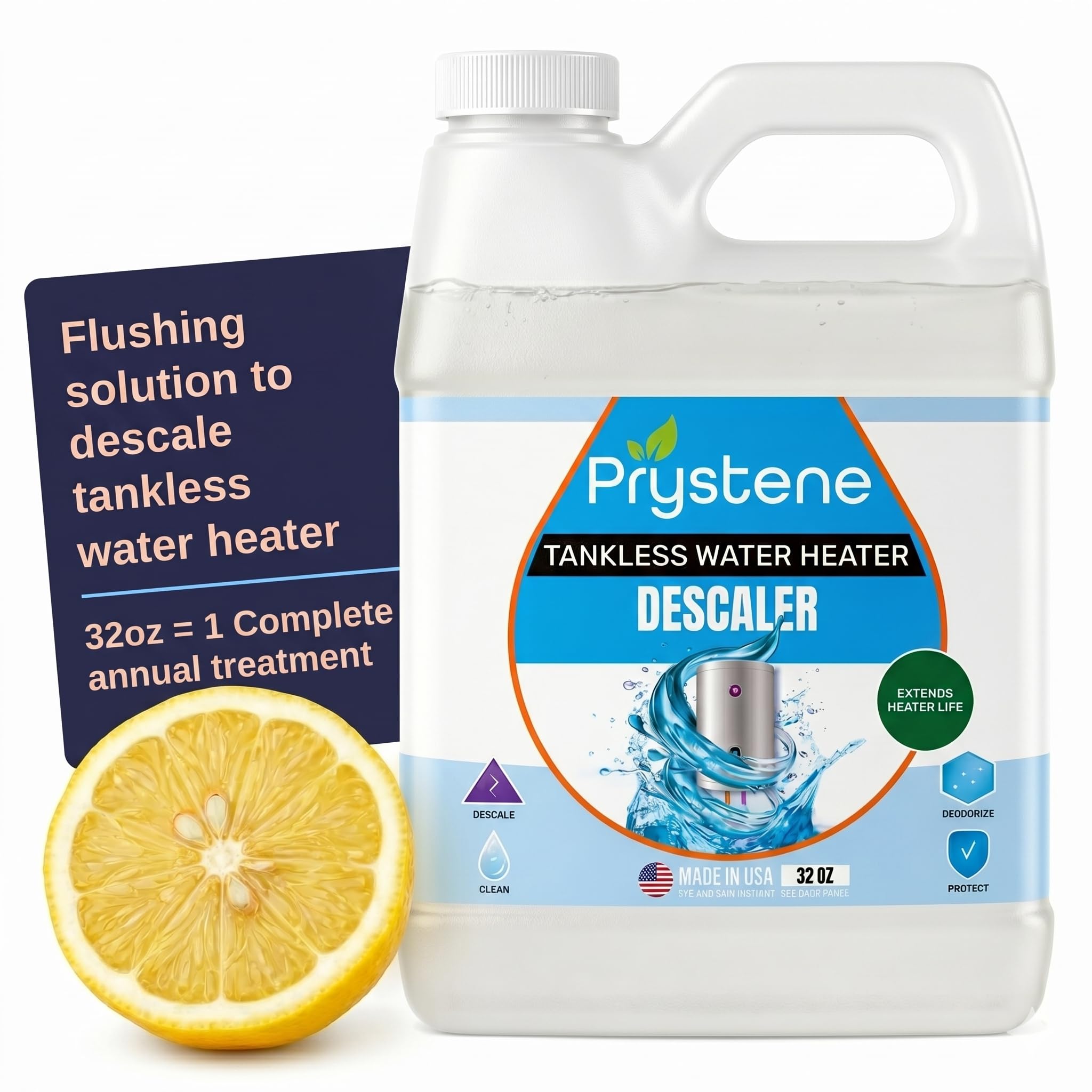 Prystene Tankless Water Heater Descaler - Liquid Descaling & Flushing Solution 32 oz - Removes Limescale, Restores Heating Efficiency & Water Pressure