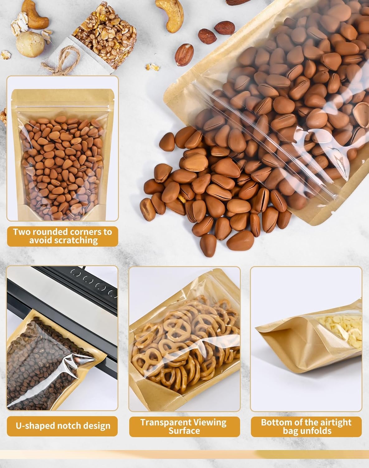 DOTUAHO 200 PCS Paper Bags with Window, 3.5" x 5.5" Resealable Bags, Stand Up Pouches, Reusable Ziplock Food Storage Bag Resealable Pouches for Foods
