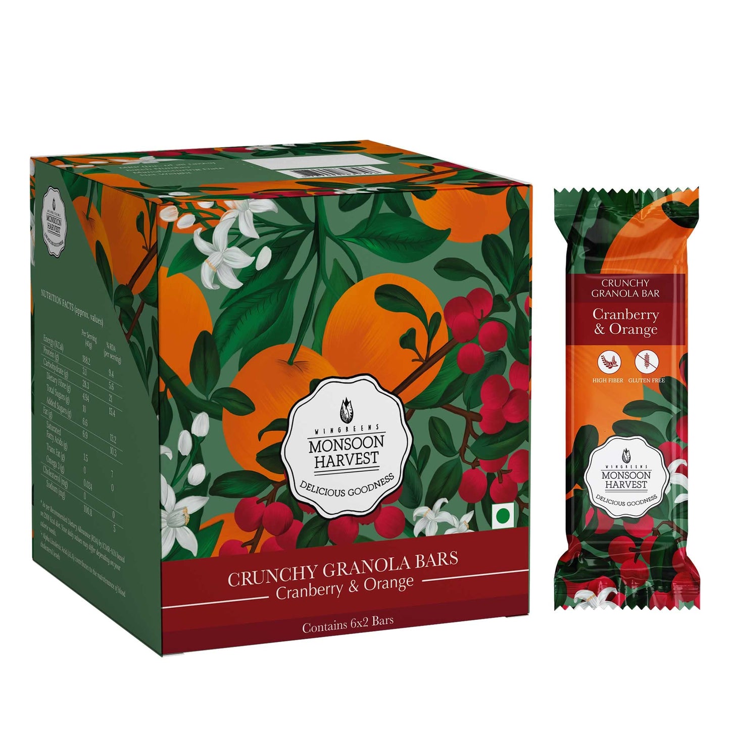 Monsoon Harvest Crunchy Millet Granola Bars - Cranberry Orange - Pack Of 6 Healthy Breakfast Bars (40 Grams Each)
