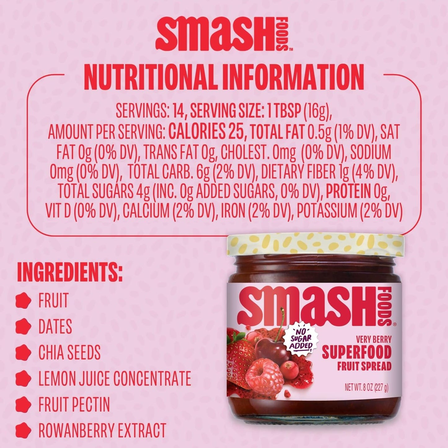 Smash Foods Very Berry Superfood Fruit Spread, No Sugar Added, Keto Jam with Chia Seeds, Vegan Paleo Spread, 8 Ounces, 2 Jars