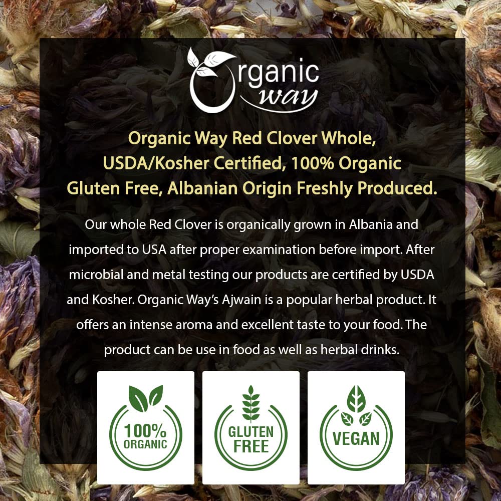 Organic Way Red Clover Blossoms Dried Whole - Herbal Tea | European Wild-Harvest | Organic & Kosher Certified | Raw, Vegan, Non GMO & Gluten Free |