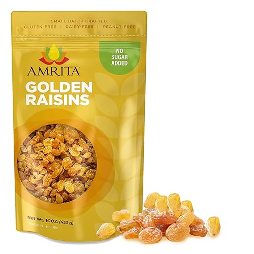 Amrita Golden Raisins 1 lb | No Added Sugar, Naturally Sweet, Gluten Free Dried Sultanas, Kishmish | Packed Fresh in Resealable Bags | Yellow