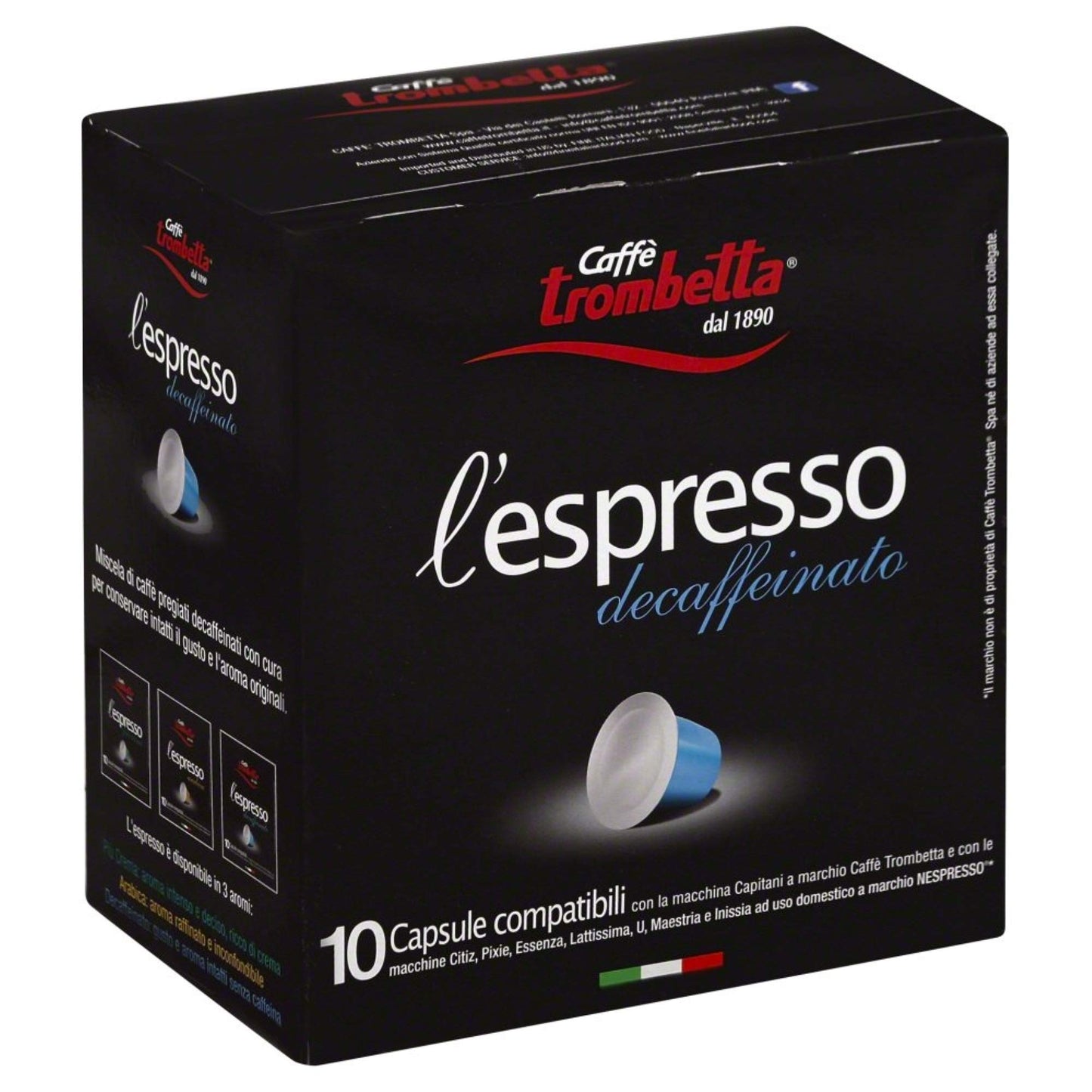 Trombetta Nespresso Italian Coffee - 10 Capsules “L’espresso Deccaffeinato” Instant Decaf Espresso Coffee - Compatible Nespresso Espresso Coffee Pods