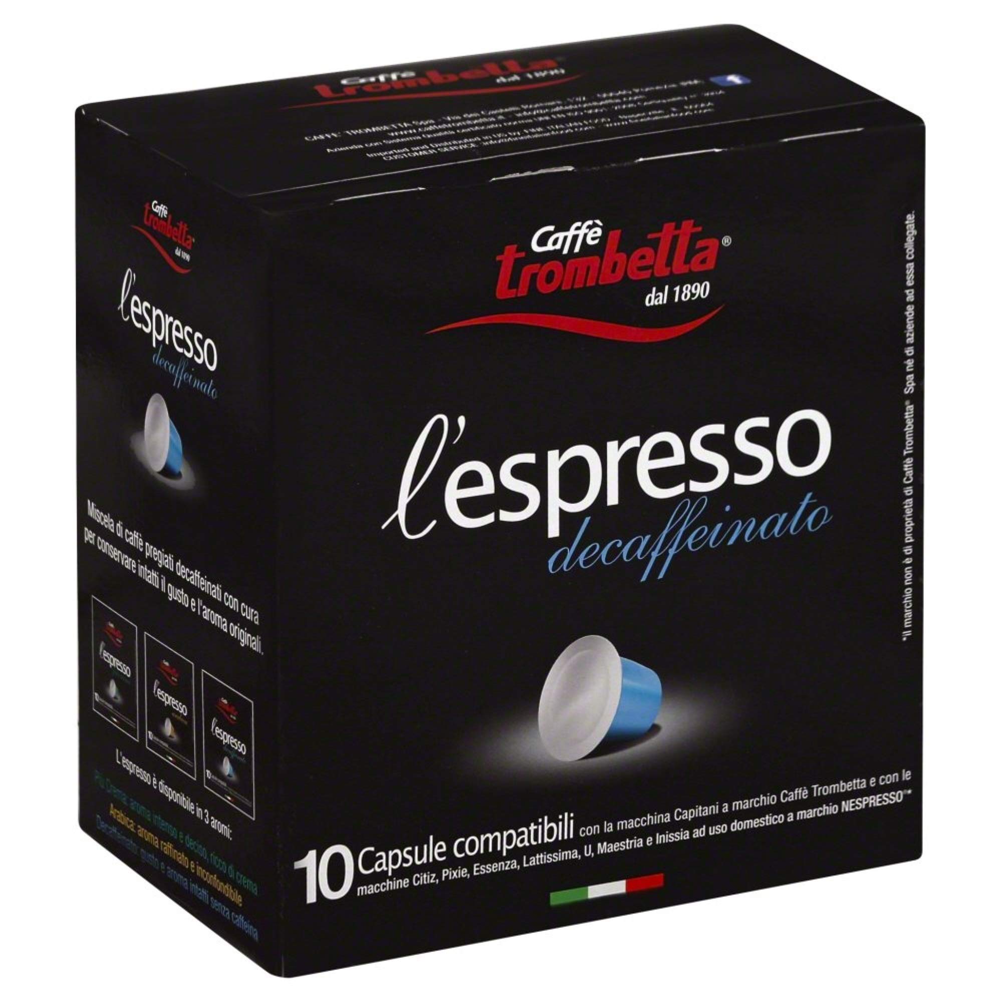 Trombetta Nespresso Italian Coffee - 10 Capsules “L’espresso Deccaffeinato” Instant Decaf Espresso Coffee - Compatible Nespresso Espresso Coffee Pods