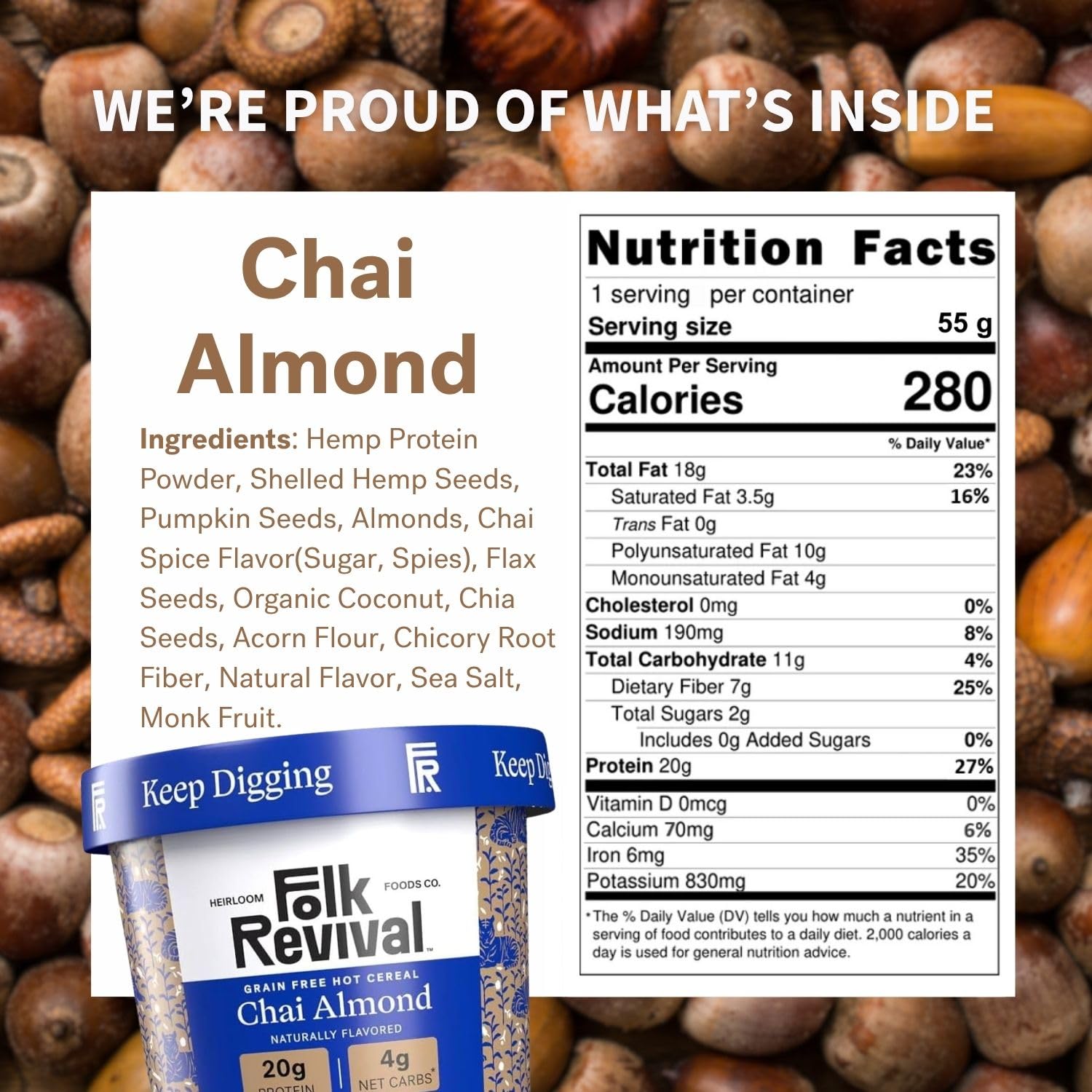 Folk Revival Chai Almond Keto Instant 'Oatmeal' - 20g Protein, 4g Net Carbs, High Fiber, Non GMO, Gluten Free, Made with Acorns - 6 Cups Per Case