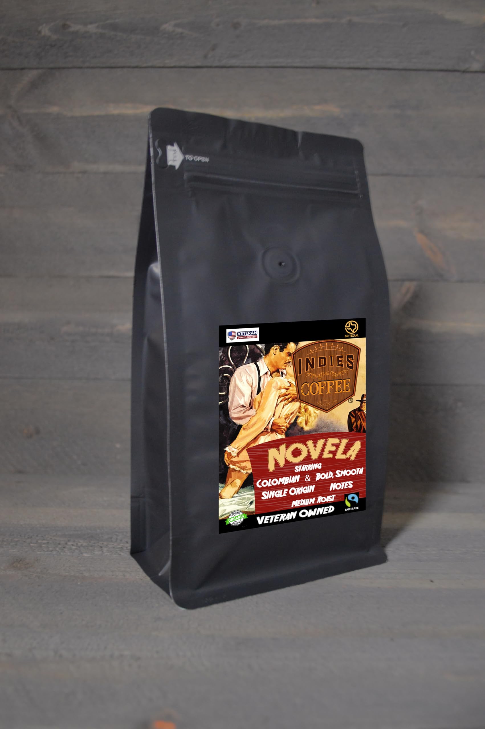 Novela Medium Colombian Roast Organic Coffee by Indies Coffee | 12 ounce Whole Bean VETERAN OWNED