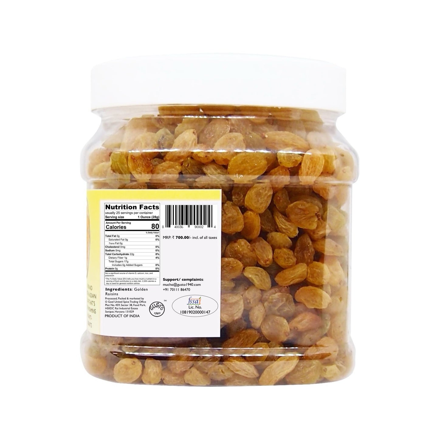 Tassyam Golden Raisins Healthy Juicy Hand-Sorted Jumbo Indian Kishmish Jar, 700g