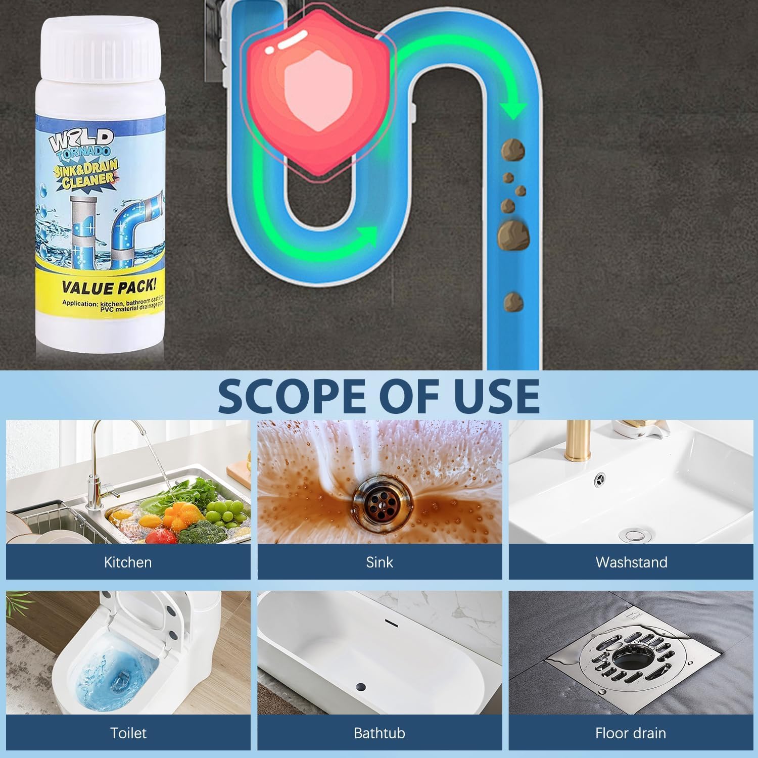 2026 Upgrade Wild Tornado Pipe Dredge, Powerful Sink Drain Cleaner, Multi-functional Drains Cleaners Fast Foaming for Kitchen Toilet Pipeline Quick