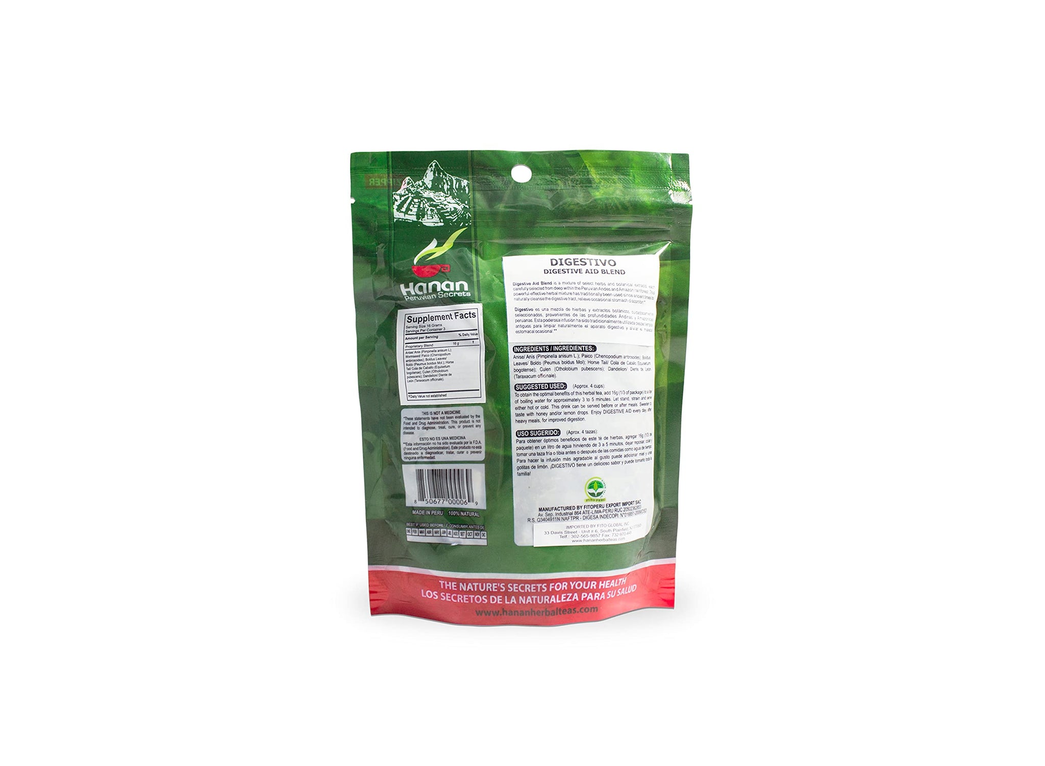 Hanan Peruvian Secrets Digestivo Herbal Tea | 100% Natural Digestive Aid Blend | 1.76oz / 50g | Naturally Cleanse the Digestive Tract, Relieve