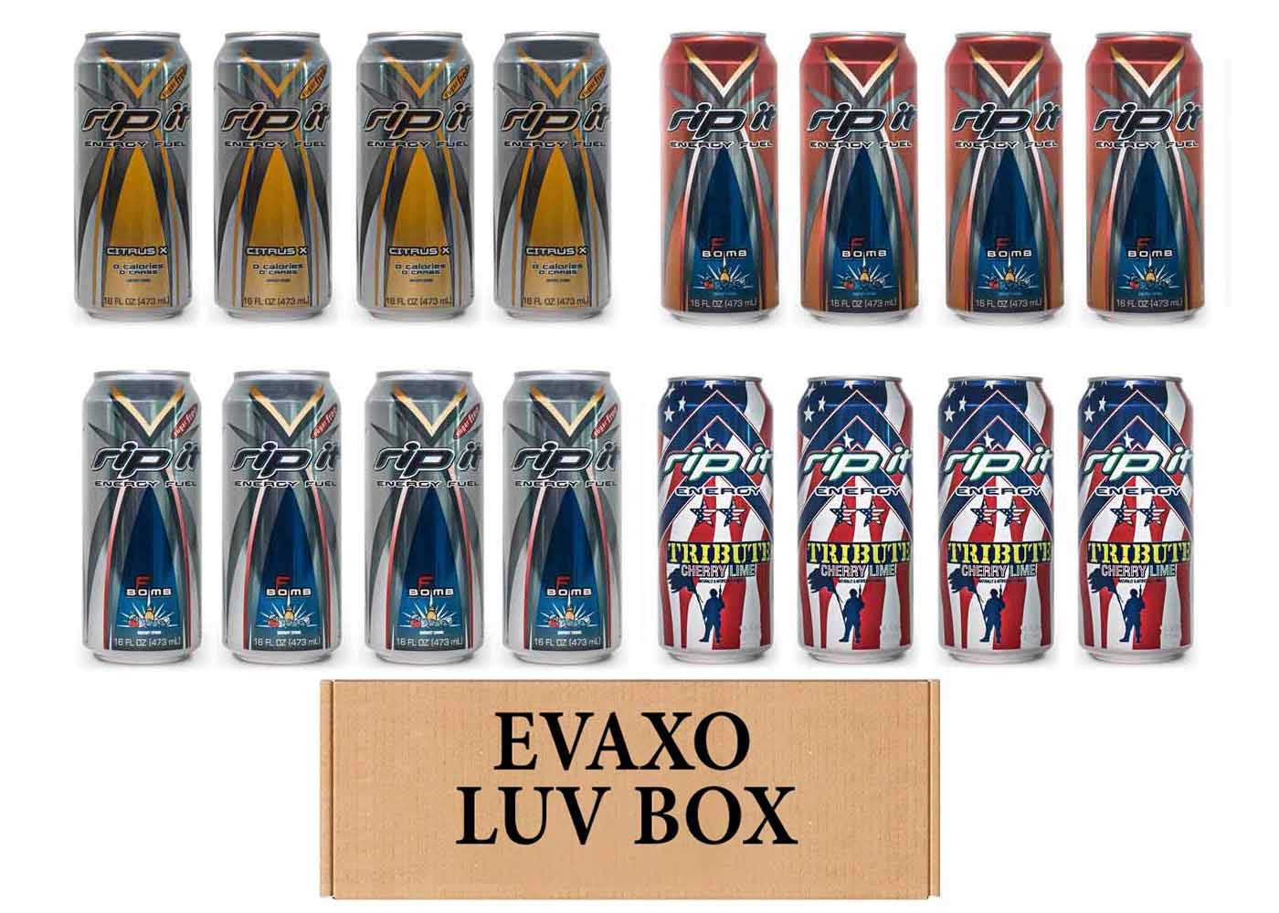 LUV BOX- Variety Rip It Energy Fuel Drinks 16 oz. RIP IT Citrus X Sugar Free , RIP IT F-Bomb , RIP IT F-Bomb Sugar Free , RIP IT Tribute Cherry Lime