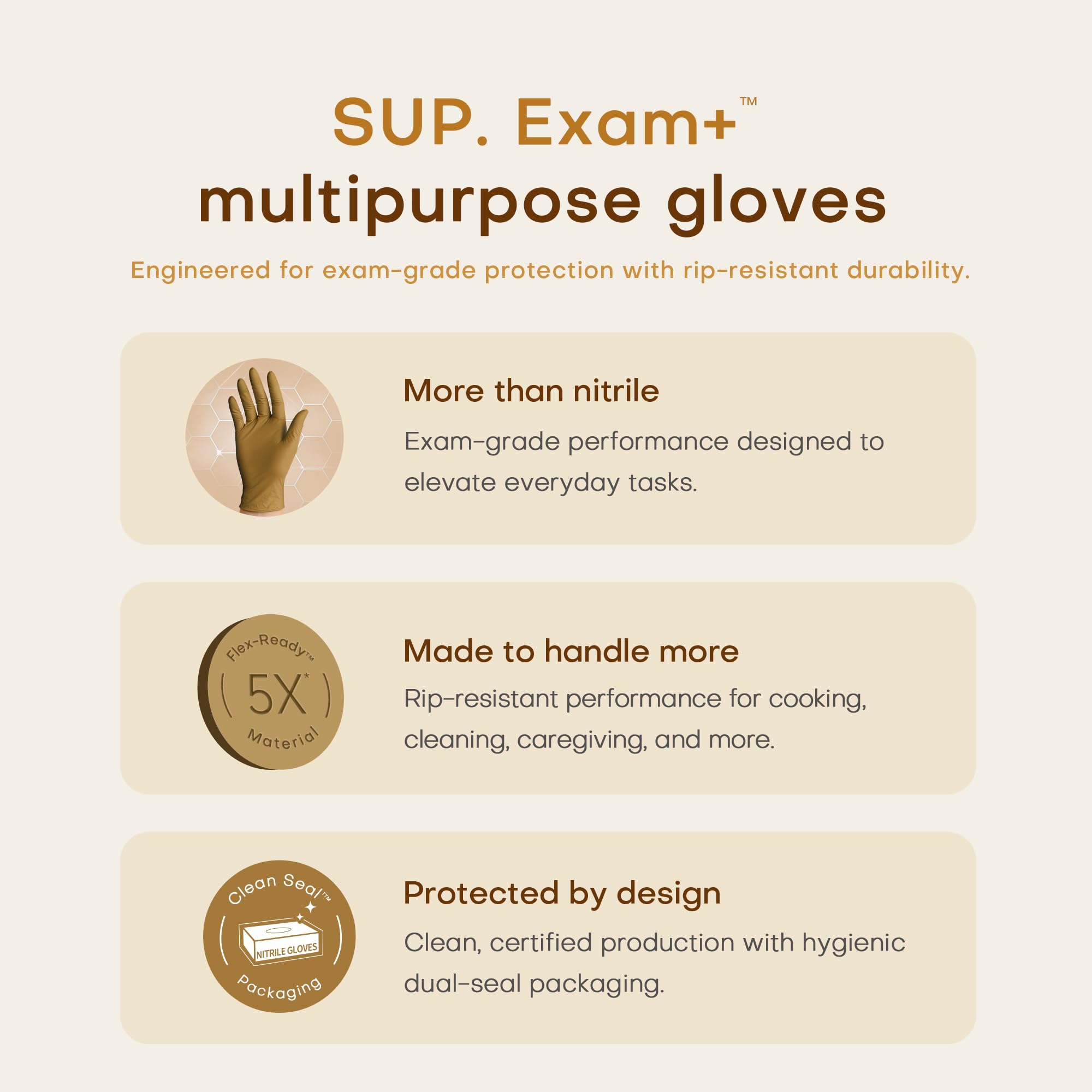 SUP Powder-Free Nitrile Gloves, 100 Count Food Safe Latex-Free Disposable Gloves for Medical Cooking Cleaning Food Prep, Tan (X-Large)