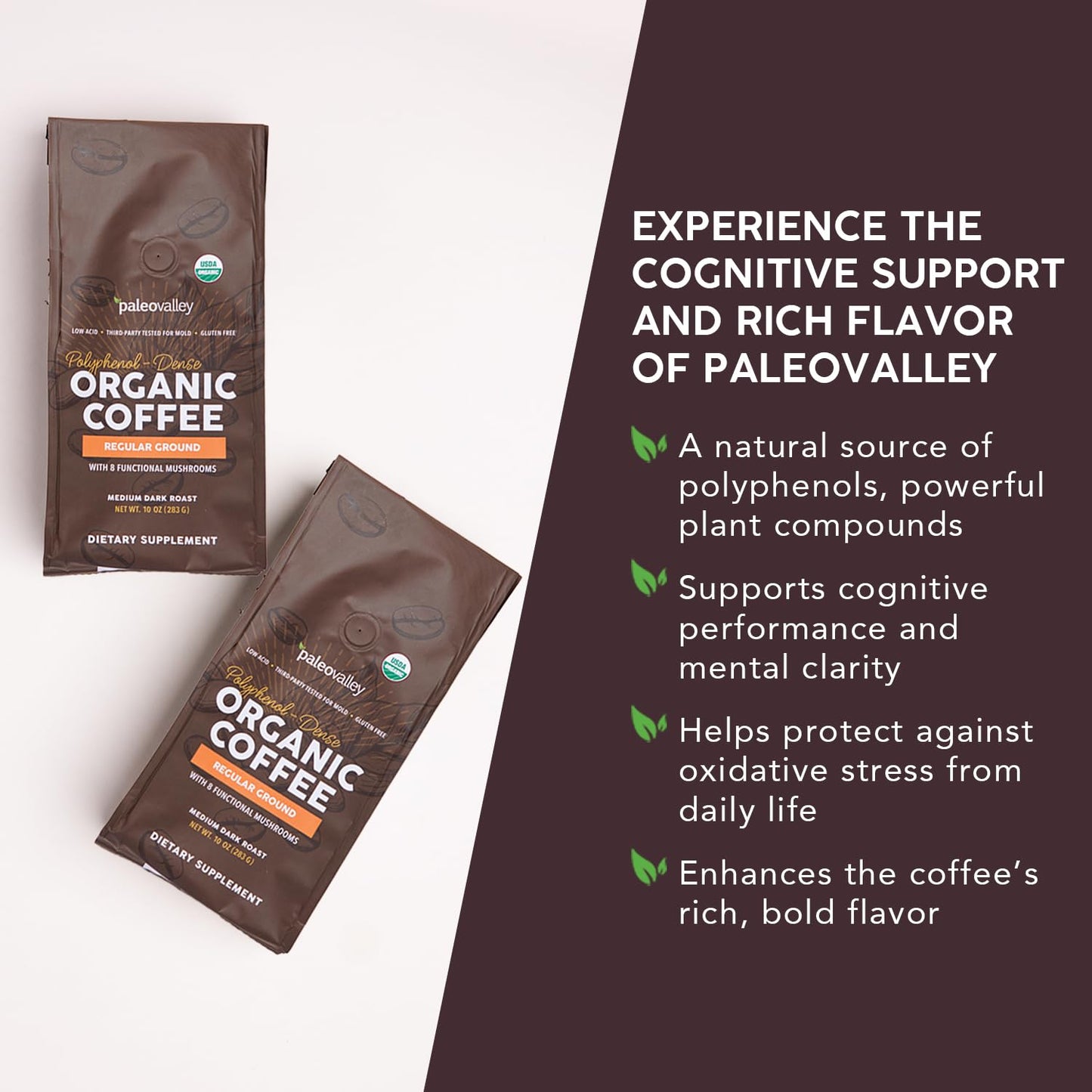Paleovalley Organic Ground Coffee, 10oz - Regular, Low Acid, Single-Origin, Polyphenol-Rich, Infused with Mushrooms