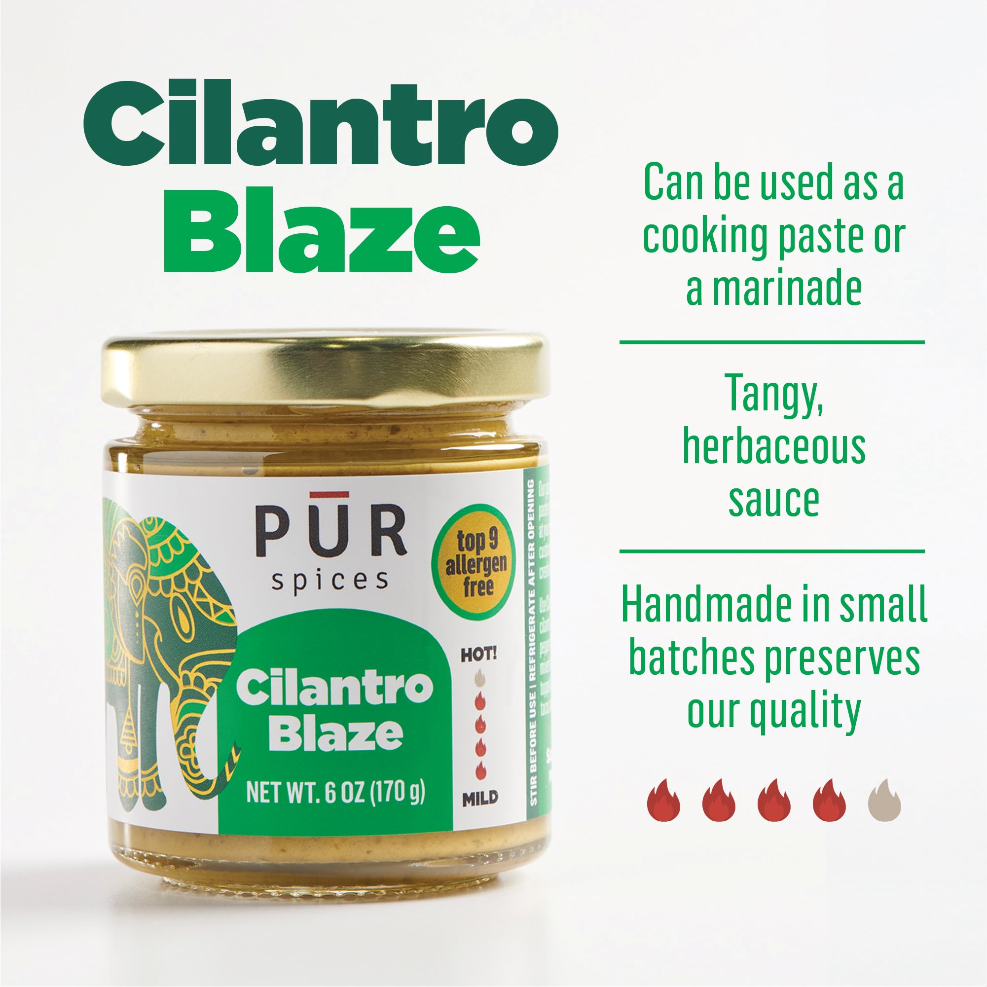 PUR Spices Cilantro Blaze I Hot Sauce & Tangy Cilantro Chutney I Fresh Cilantro, Garlic, Lime and Hot Peppers I Plant Based, Gluten Free, No Sugar