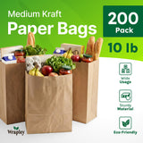 Wrapley 10 LB Brown Paper Bags, 200 Count Paper Lunch Bags, 6.5 × 4.12 × 13 inches, Bulk Kraft Paper Bags, Strong & Durable for Food Packaging