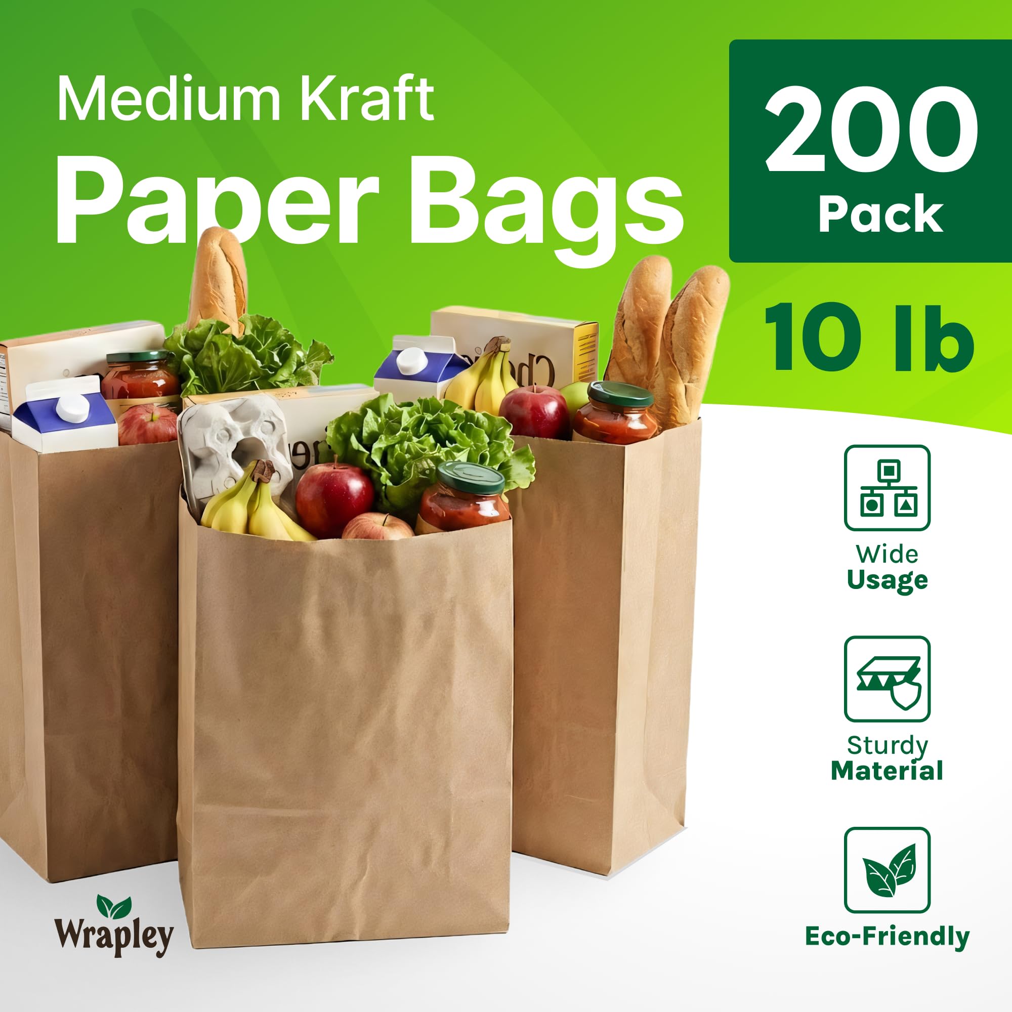 Wrapley 10 LB Brown Paper Bags, 200 Count Paper Lunch Bags, 6.5 × 4.12 × 13 inches, Bulk Kraft Paper Bags, Strong & Durable for Food Packaging