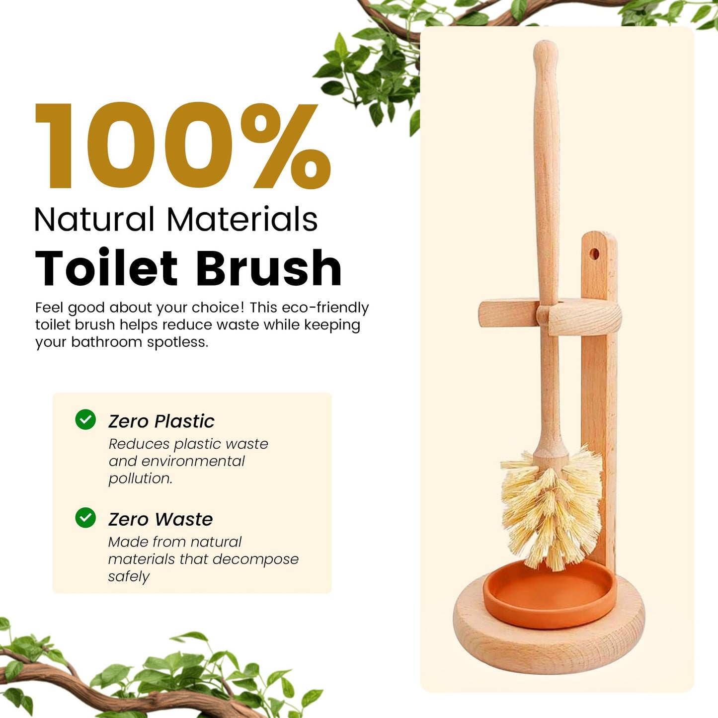 ELDR Supply Toilet Bowl Cleaner Brush with Holder, 14 Inch Extra Long German Beechwood Handle, Strong Hemp Bristles, Ceramic Drip Tray, Biodegradable