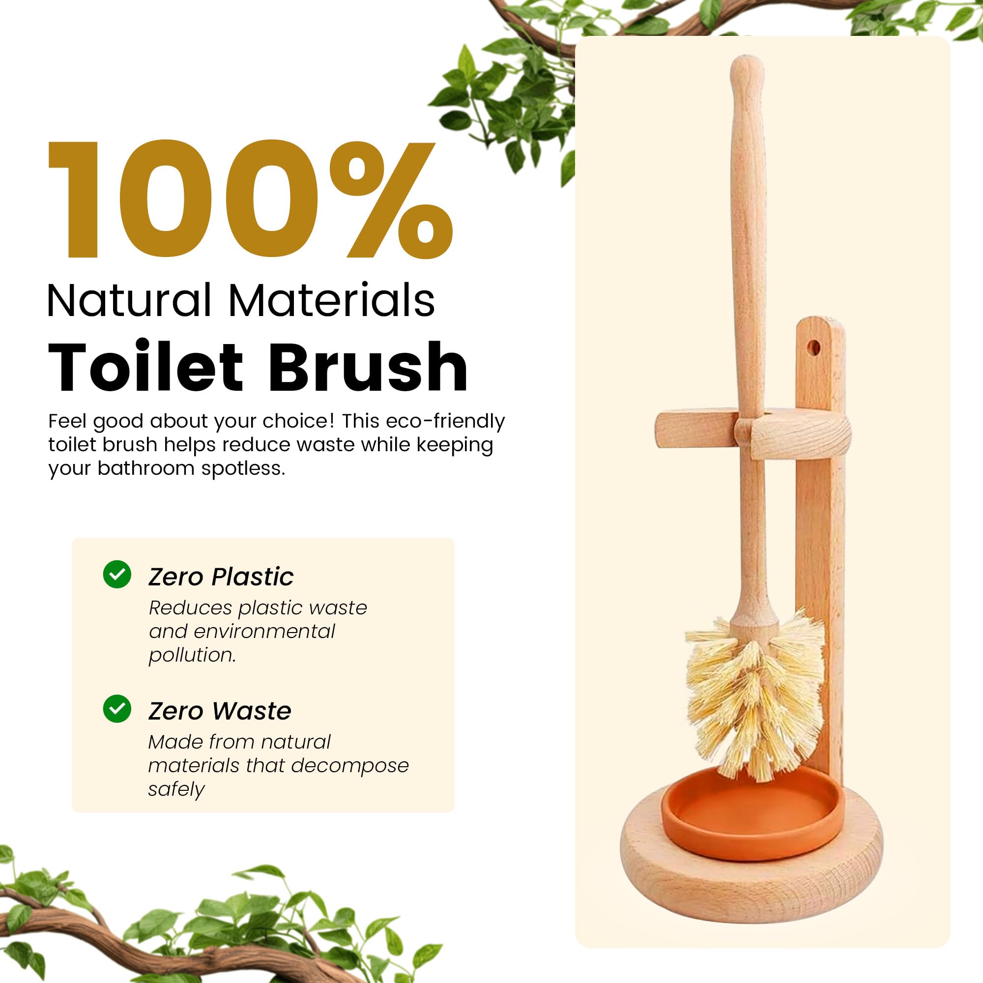 ELDR Supply Toilet Bowl Cleaner Brush with Holder, 14 Inch Extra Long German Beechwood Handle, Strong Hemp Bristles, Ceramic Drip Tray, Biodegradable