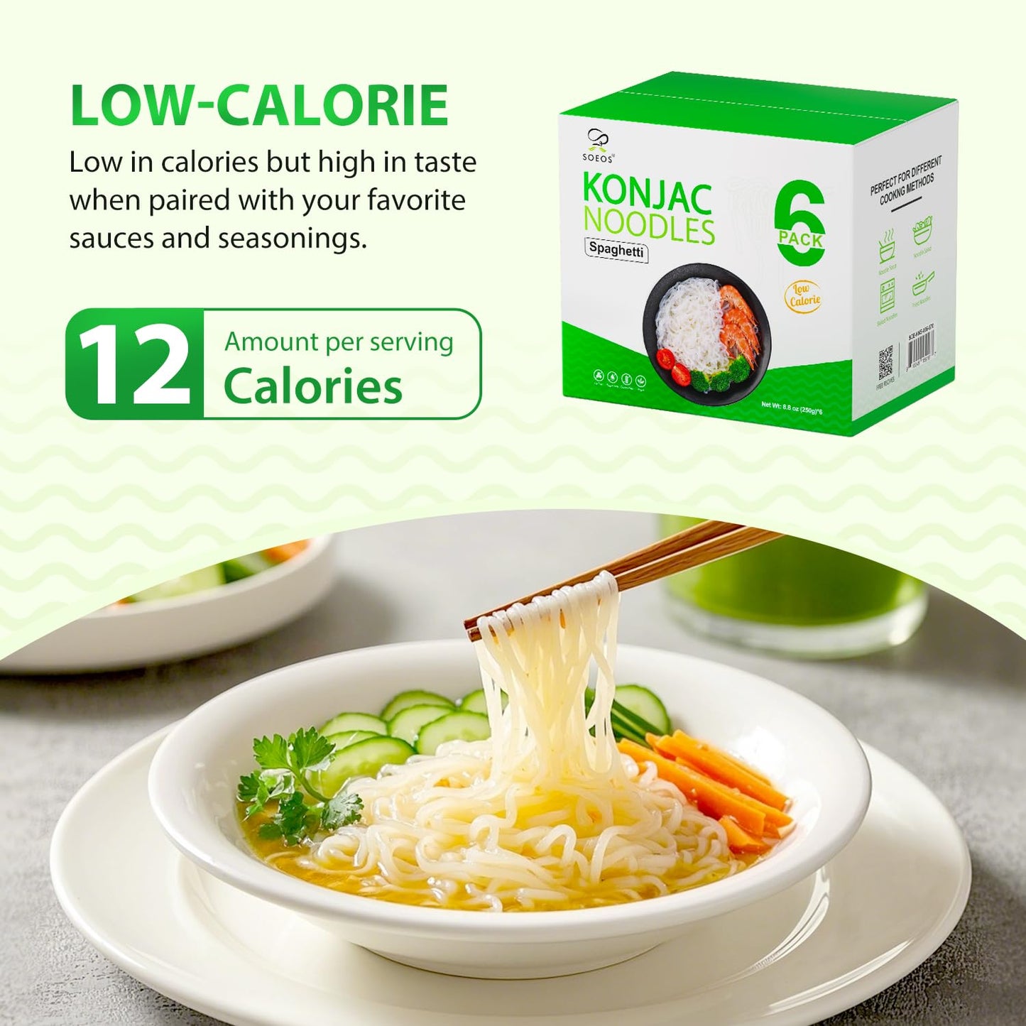 Soeos Konjac Noodles, Spaghetti Pasta, 8.8 oz (250g)*6 Pack, Low Calorie, Low Carb, Keto and Paleo Friendly Shirataki Noodle, Gluten-Free, Fat Free