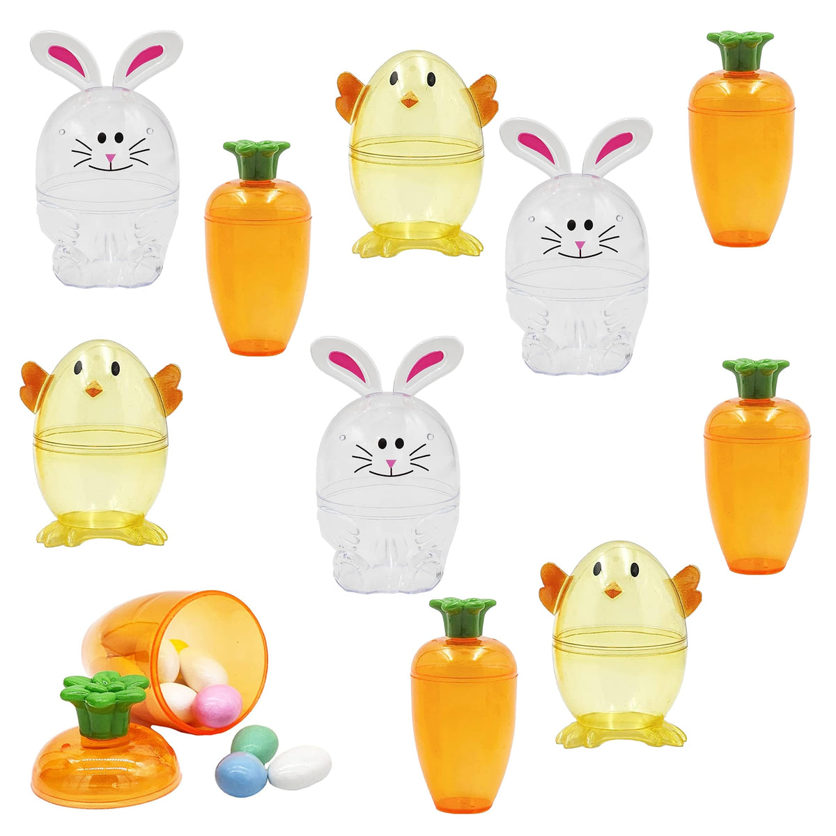 Fillable Easter Carrots, Bunny, and Chick 96-Pack Containers, Perfect Characters for Easter Egg Hunt, Basket Stuffers Filler, Surprise Carrot