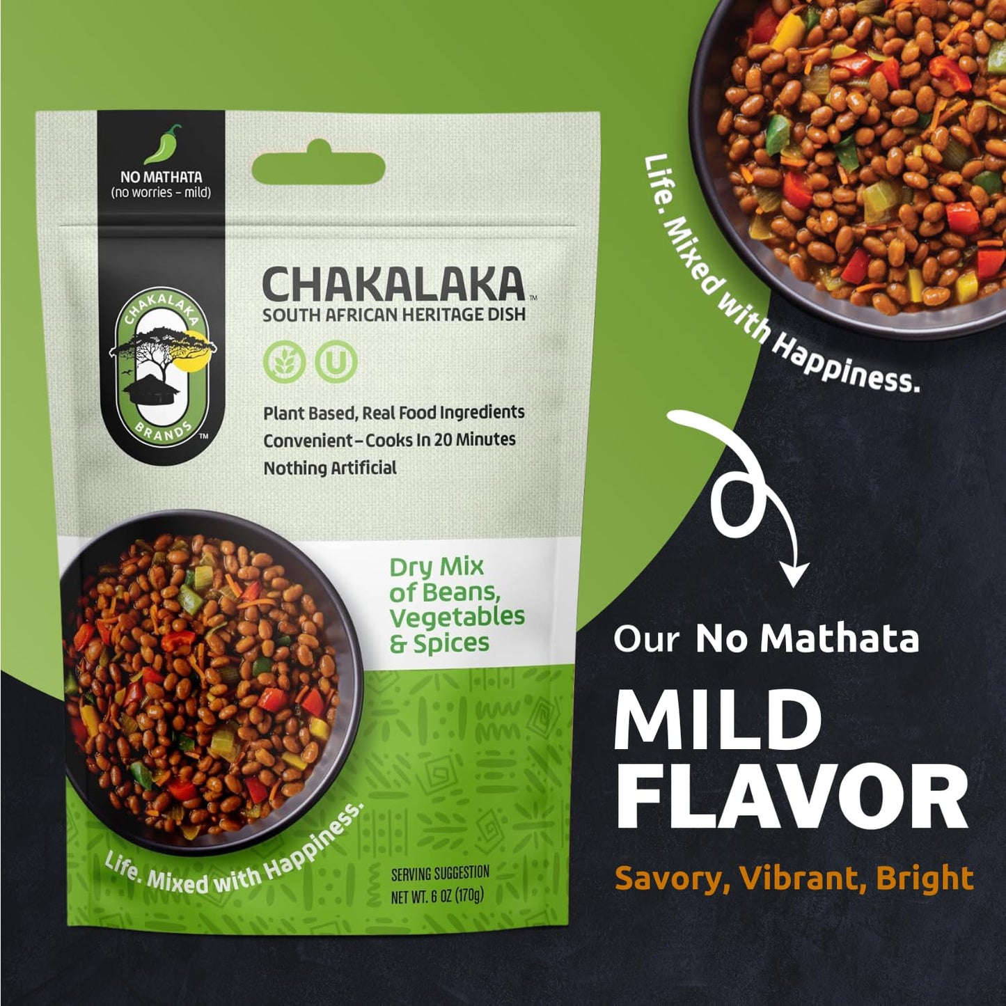 Chakalaka Vegetarian Dried Bean Mix - South African Side Dish with Beans, Vegetables, & Spices - Bold, Robust Flavor, No Heat, Mild (3 Pk) 6 oz