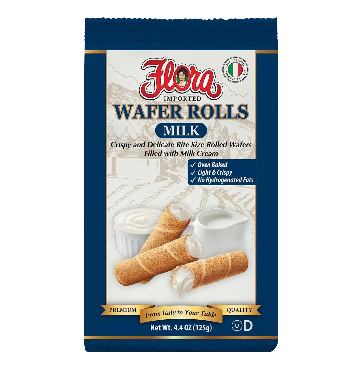 Flora Wafer Rolls Milk - Light & Crispy Rolled Wafers with Milk Cream - Oven Baked Italian Snack - 4.4 oz (125g)