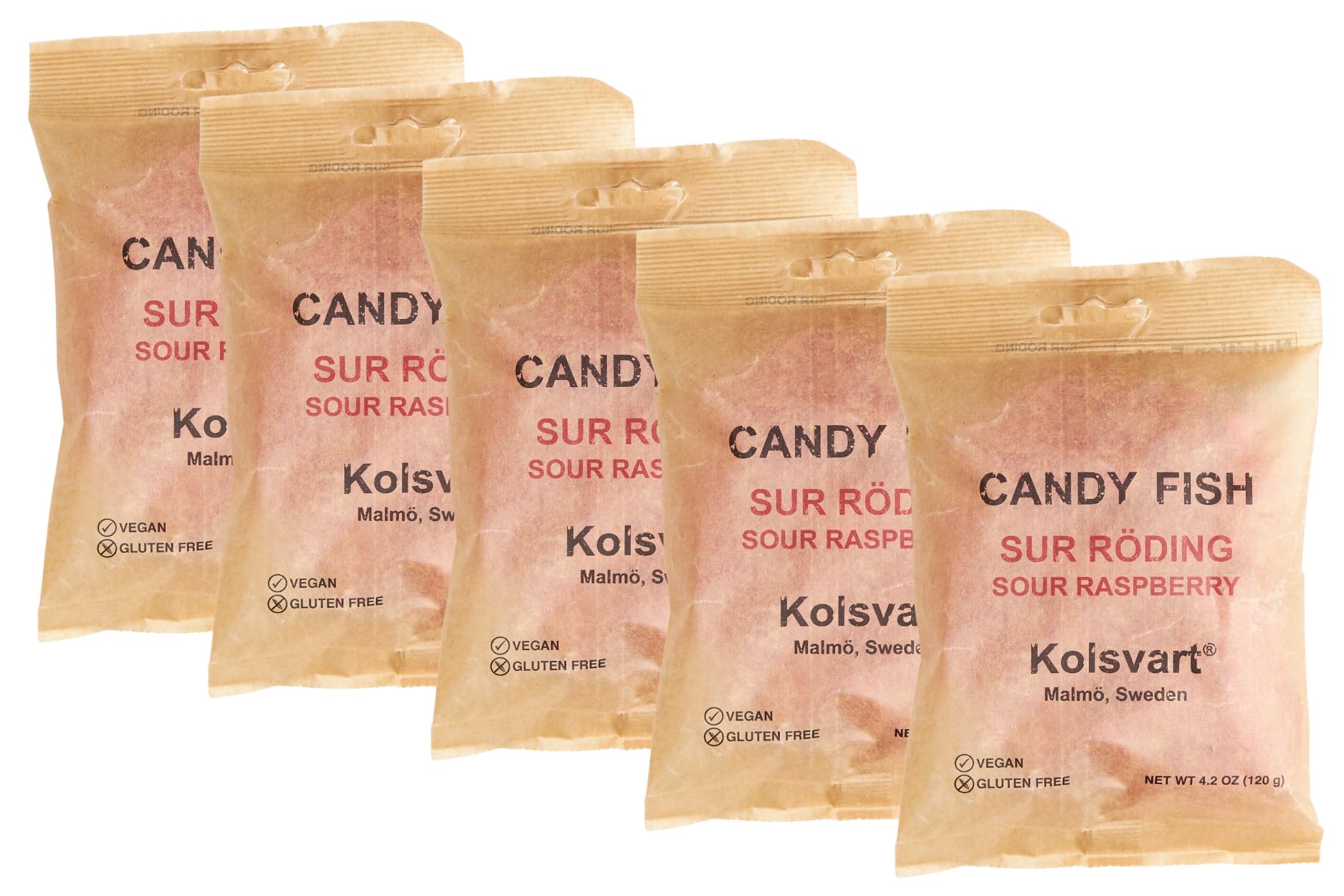 Kolsvart Sour Raspberry Swedish Candy - Vegan & Gluten-Free Gummies with Natural Fruit Flavor - Scandinavian Gummy Candy - 4.2 oz Each (Pack of 5)