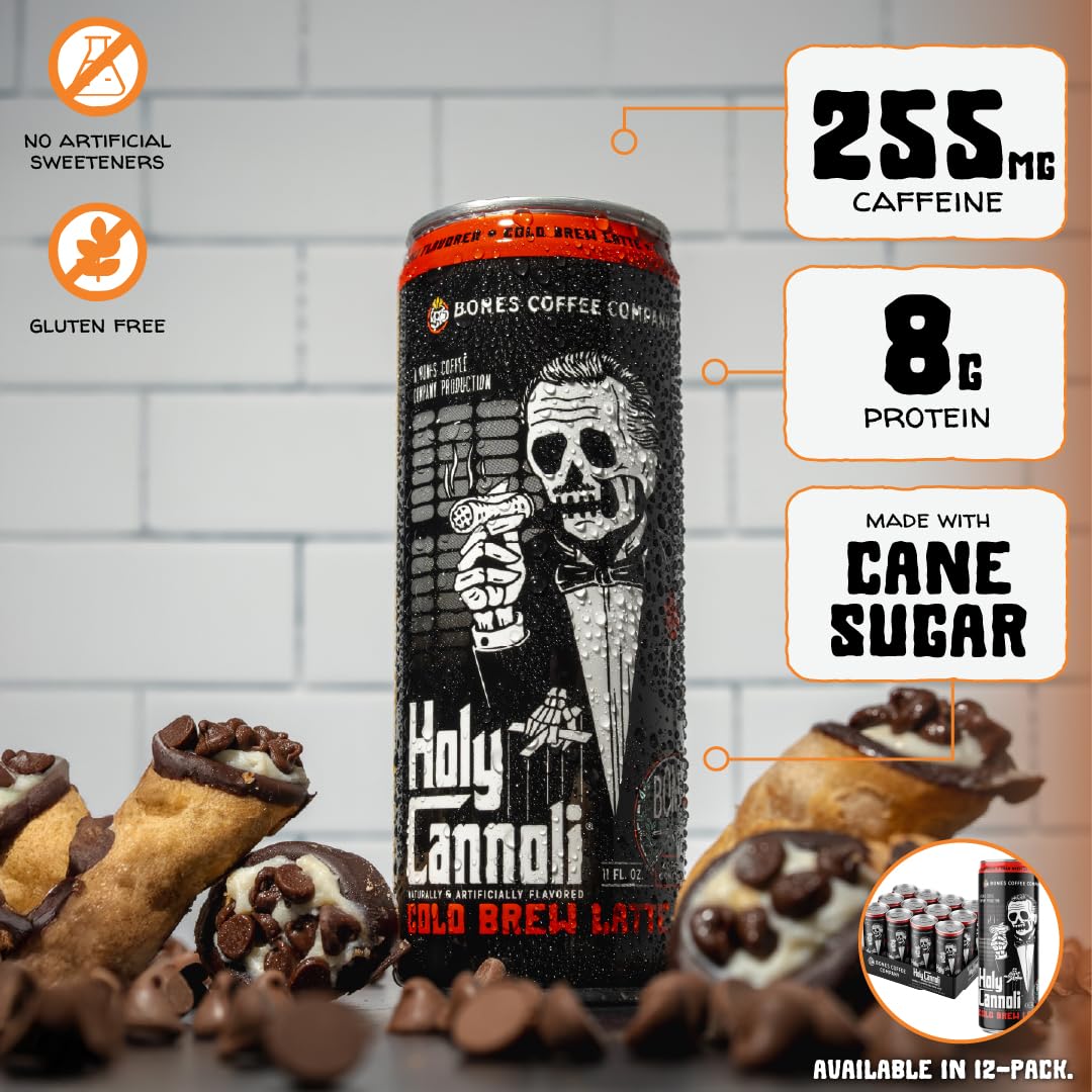 Bones Coffee Company Holy Cannoli Latte Baked Cannoli Flavored Coffee, Medium Roast Ready To Drink Iced Coffee in Can, 11 Fl Oz Can (12 Pack)