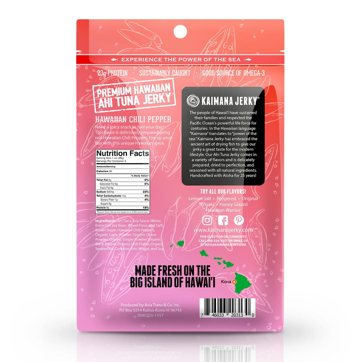 Kaimana Ahi Tuna Jerky, Hawaiian Chili Pepper, 2 Ounce, Wild Caught, High in Omega 3, All Natural, Made in the USA