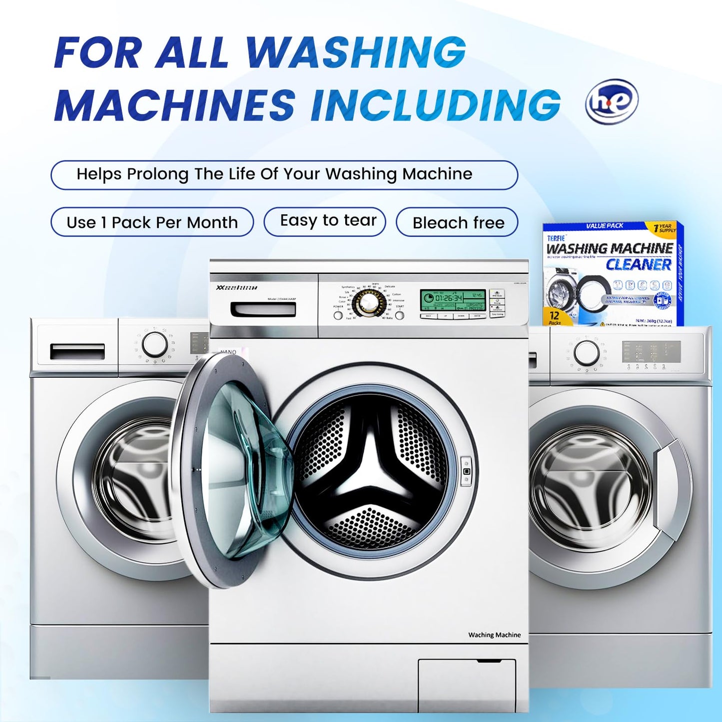 TERFIE Washing Machine Cleaner Pre-Portioned Powder Tablets for Top Load & Front Load Washers, Odor-Removing, Detergent-Buildup Dissolving