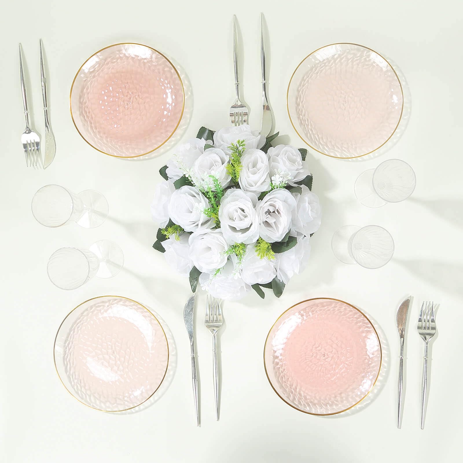 Efavormart 10-Pack 7" Transparent Blush Pink Hammered Plastic Dessert Plates, Round Appetizer Plates with Gold Rim for Bridal Showers and Tea Parties