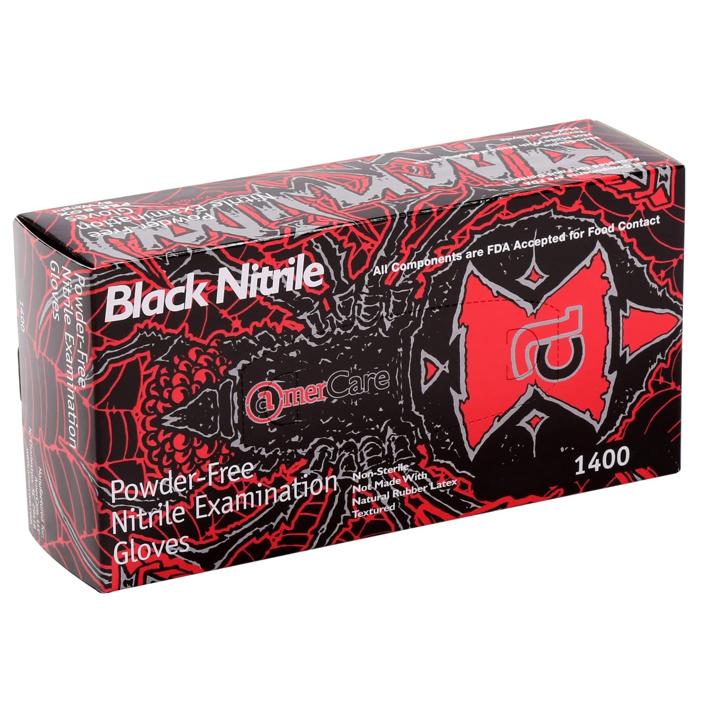AmerCare Black Widow Powder Free Nitrile Exam Grade Gloves for Medical Professionals, 5.0 mil, XX-Large, Case of 1000