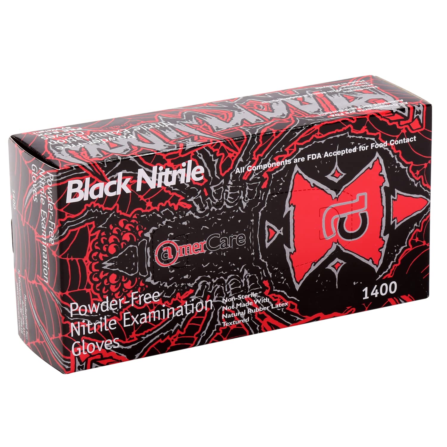 AmerCareRoyal Black Widow Nitrile Latex Free Disposable Gloves - Powder-Free, Exam Grade Gloves with Textured Grip - Extra Large, Black, Case of 1000