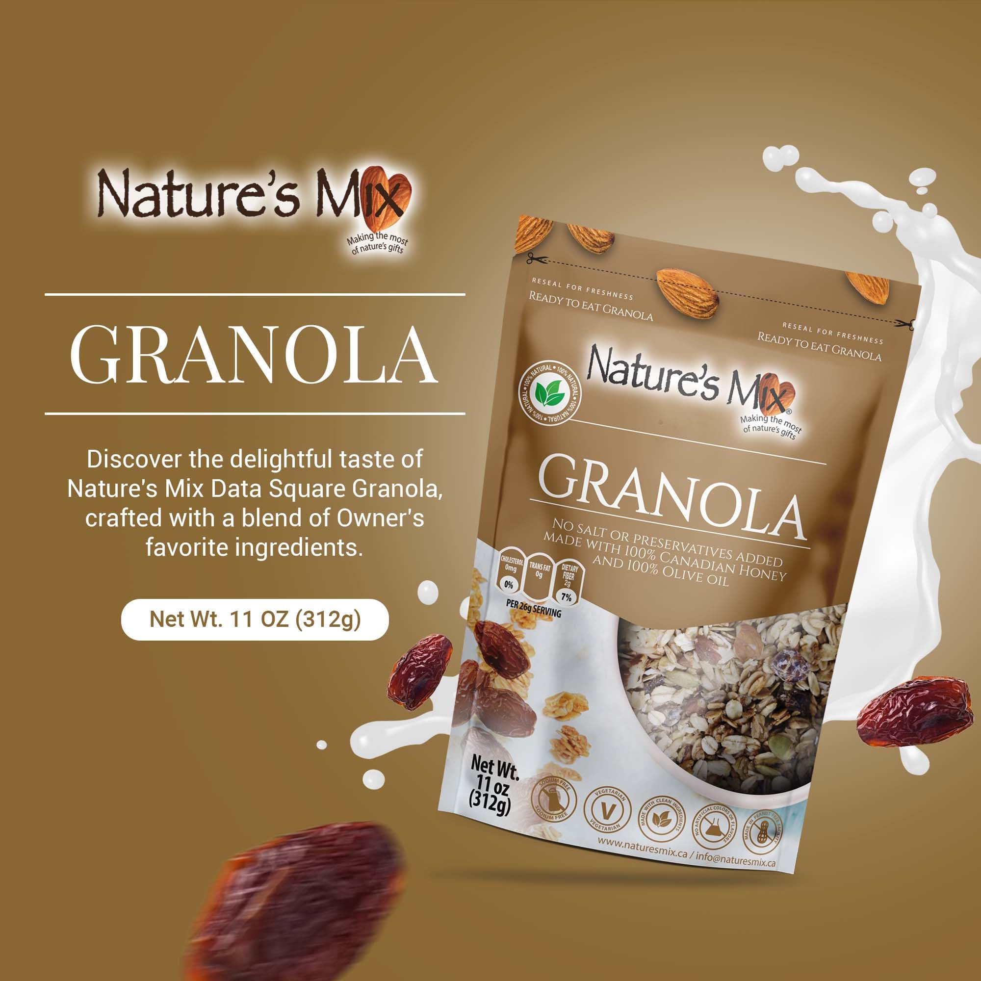 Nature's Mix - Date Square Granola - Oats, Almonds, Dates, Dried Apple, Coconut - Sweetened with Honey - No Added Sugar or Preservatives - Small