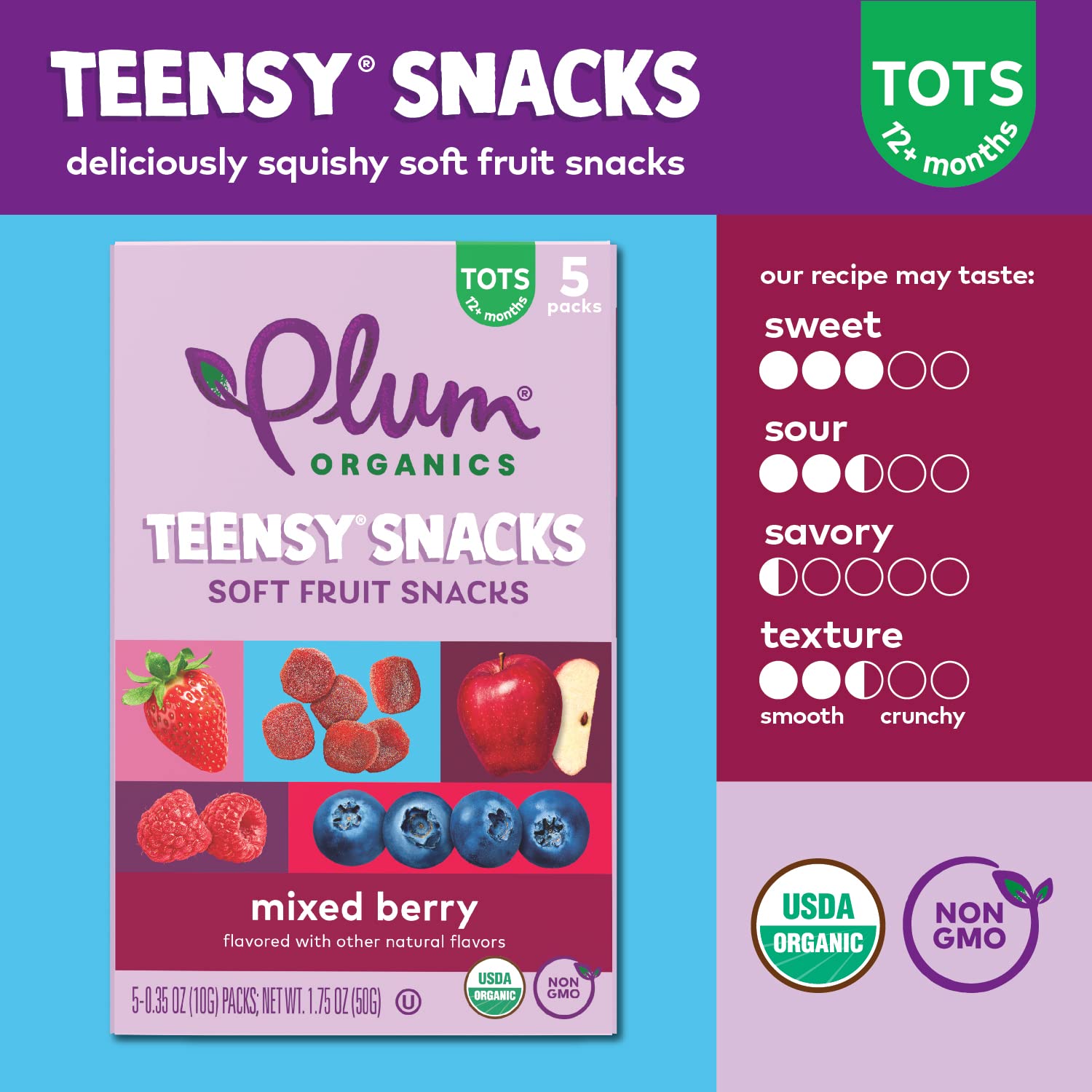 Plum Organics Teensy Snacks Soft Fruit Snacks - Mixed Berry - 0.35 oz Bags (Pack of 5) - Organic Toddler Food Fruit Snacks