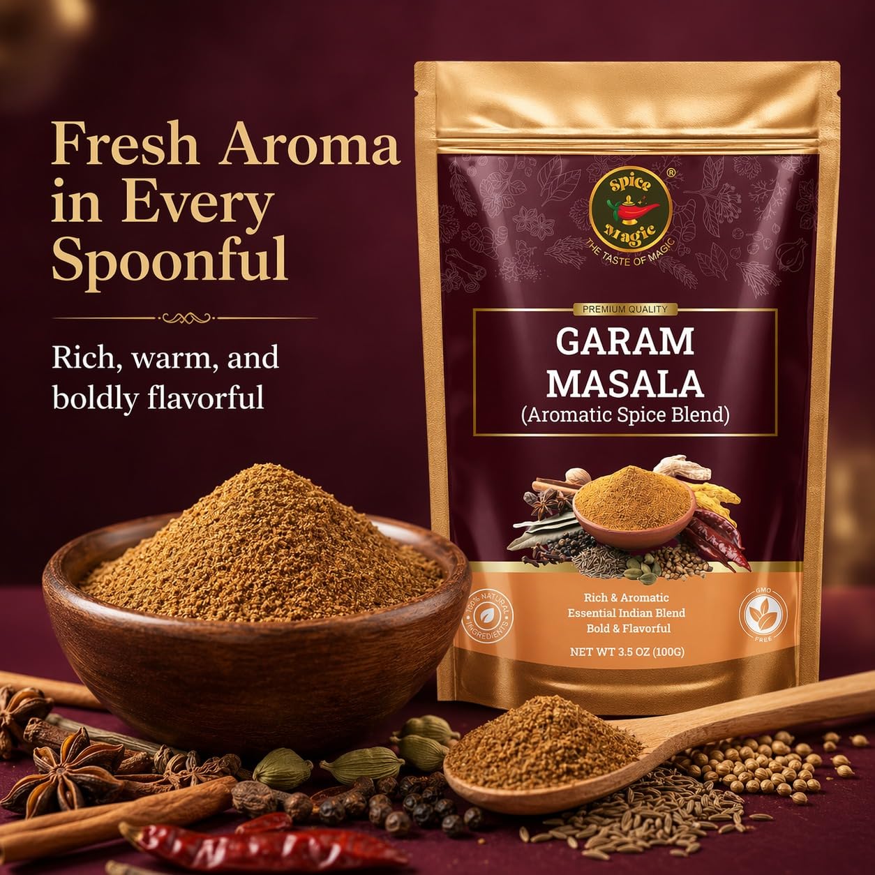 Spice Magic Garam Masala Powder 3.5 oz (100 g) | Premium Indian Spice Blend | All-Natural, Salt-Free, Vegan & Non-GMO