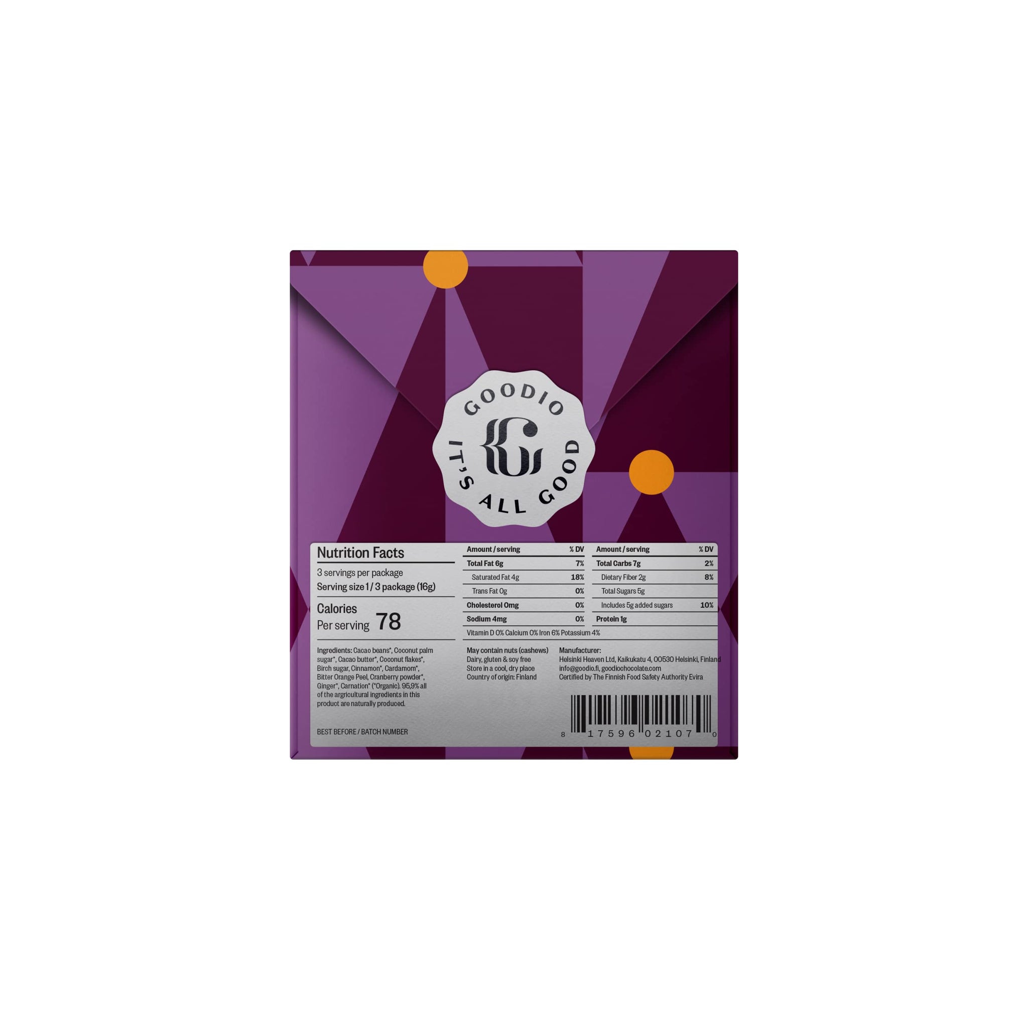 Goodio Chocolate Winter Glow Raw Chocolate Bar, 1.7 OZ